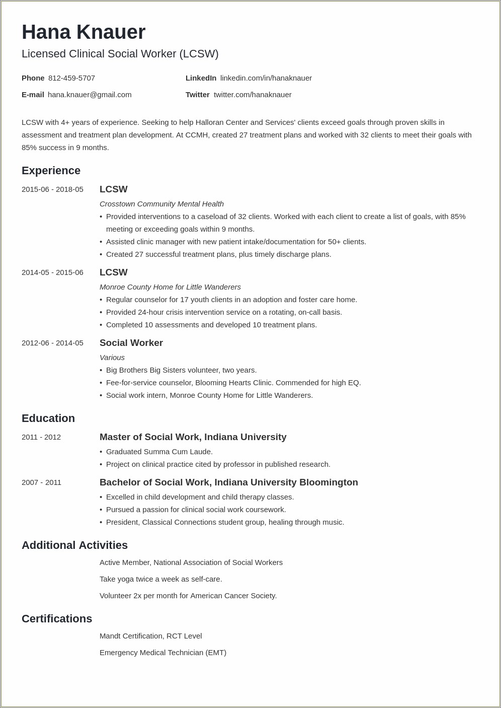 Social Work Resume Where To Put Liscnensure