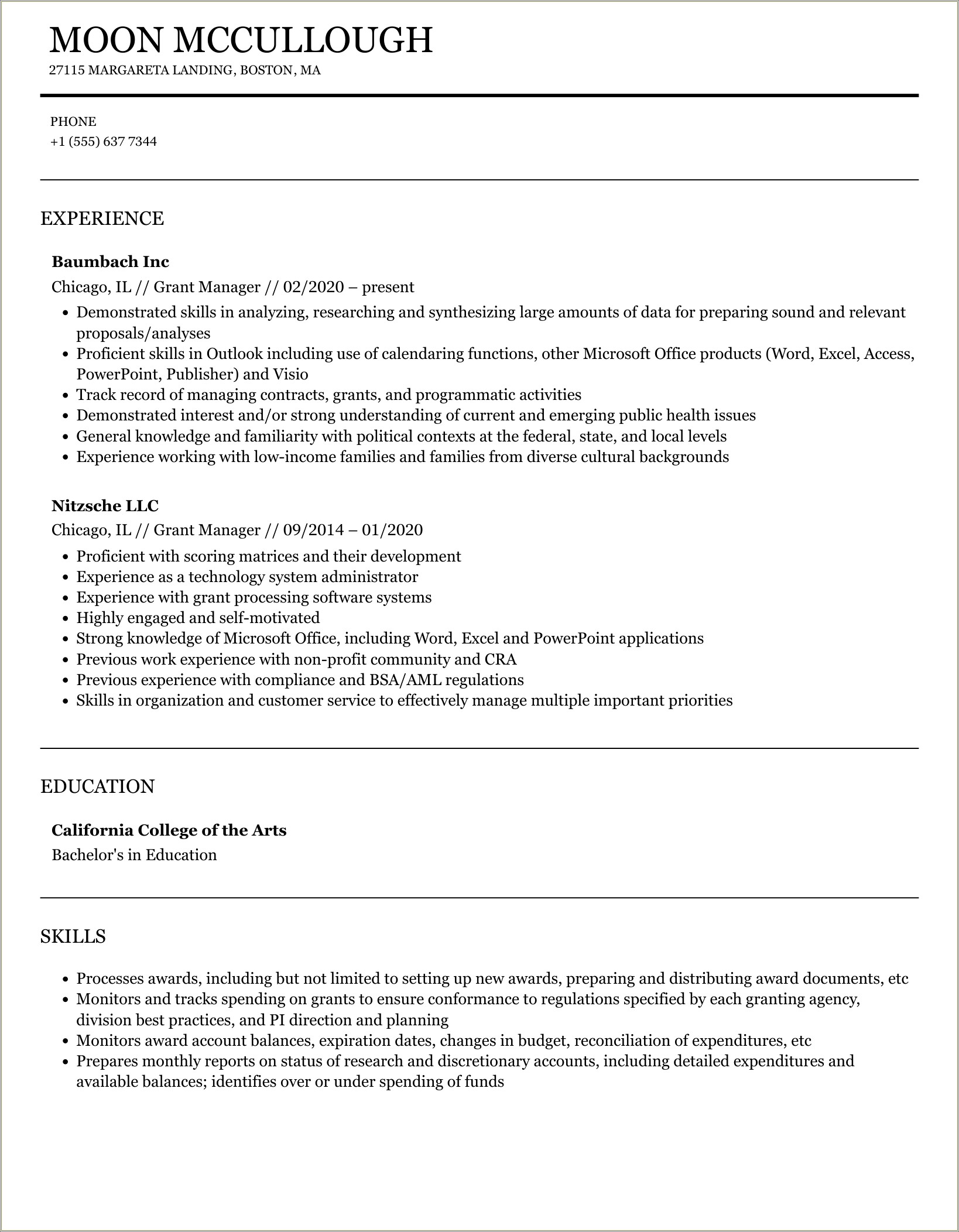 Social Work To Grant Mangement Resume