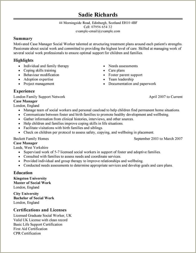 Social Worker Case Manager Resume Examples