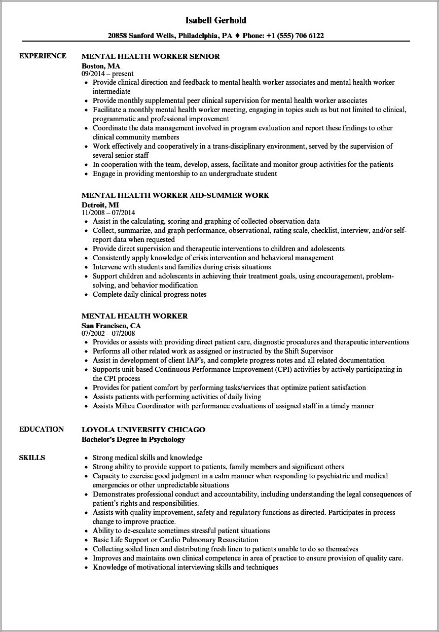 Social Worker Clinical Mental Health Professional Resume