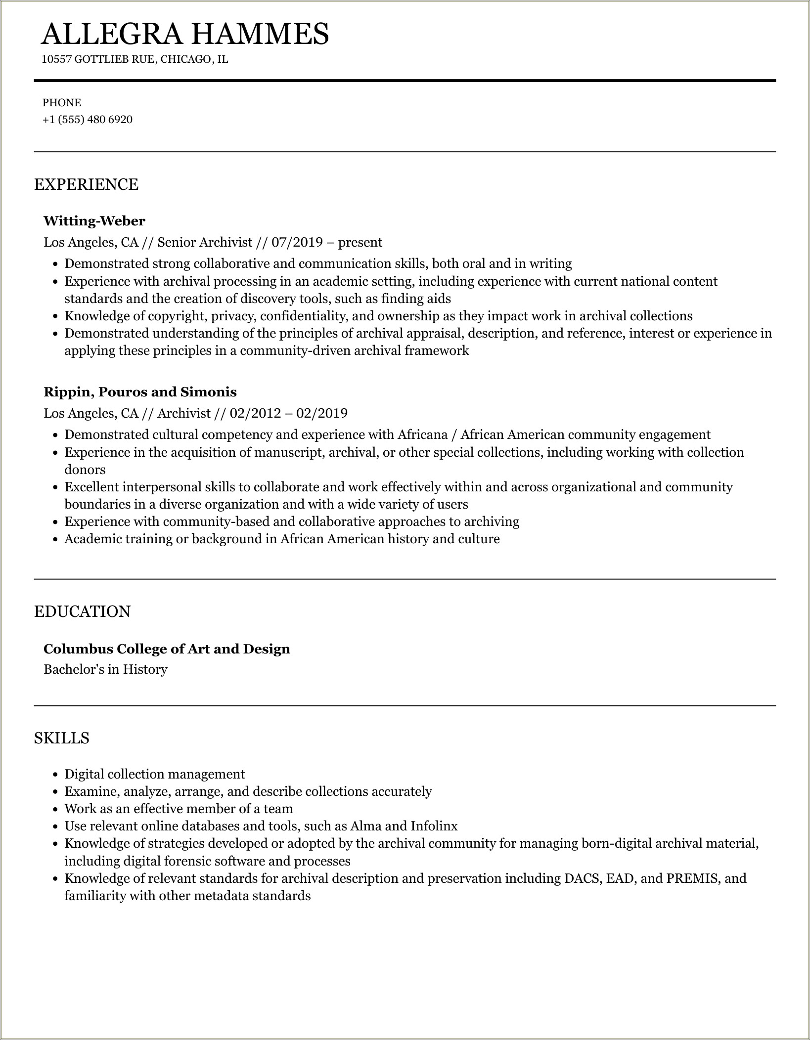 Society Of American Archivist Resume Template