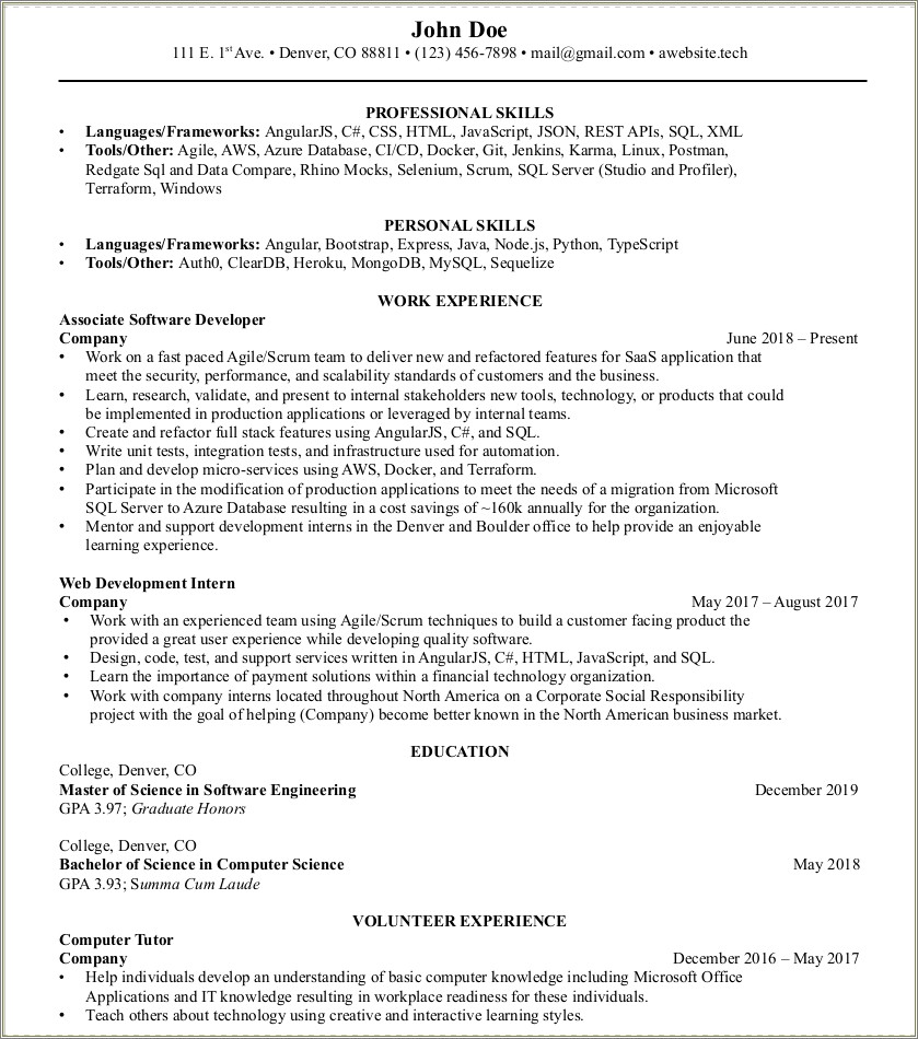 Software Developer 1 Year Experience Resume Reddit