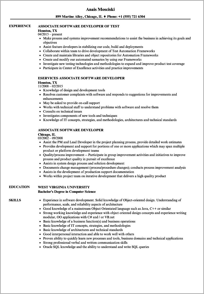 Software Developer Job Description Resume Sample