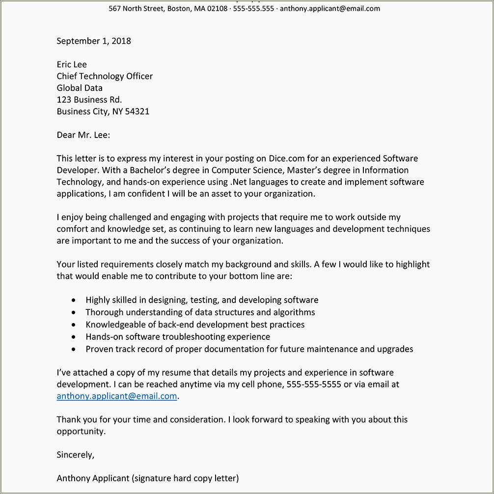Software Developer Resume Cover Letter Examples
