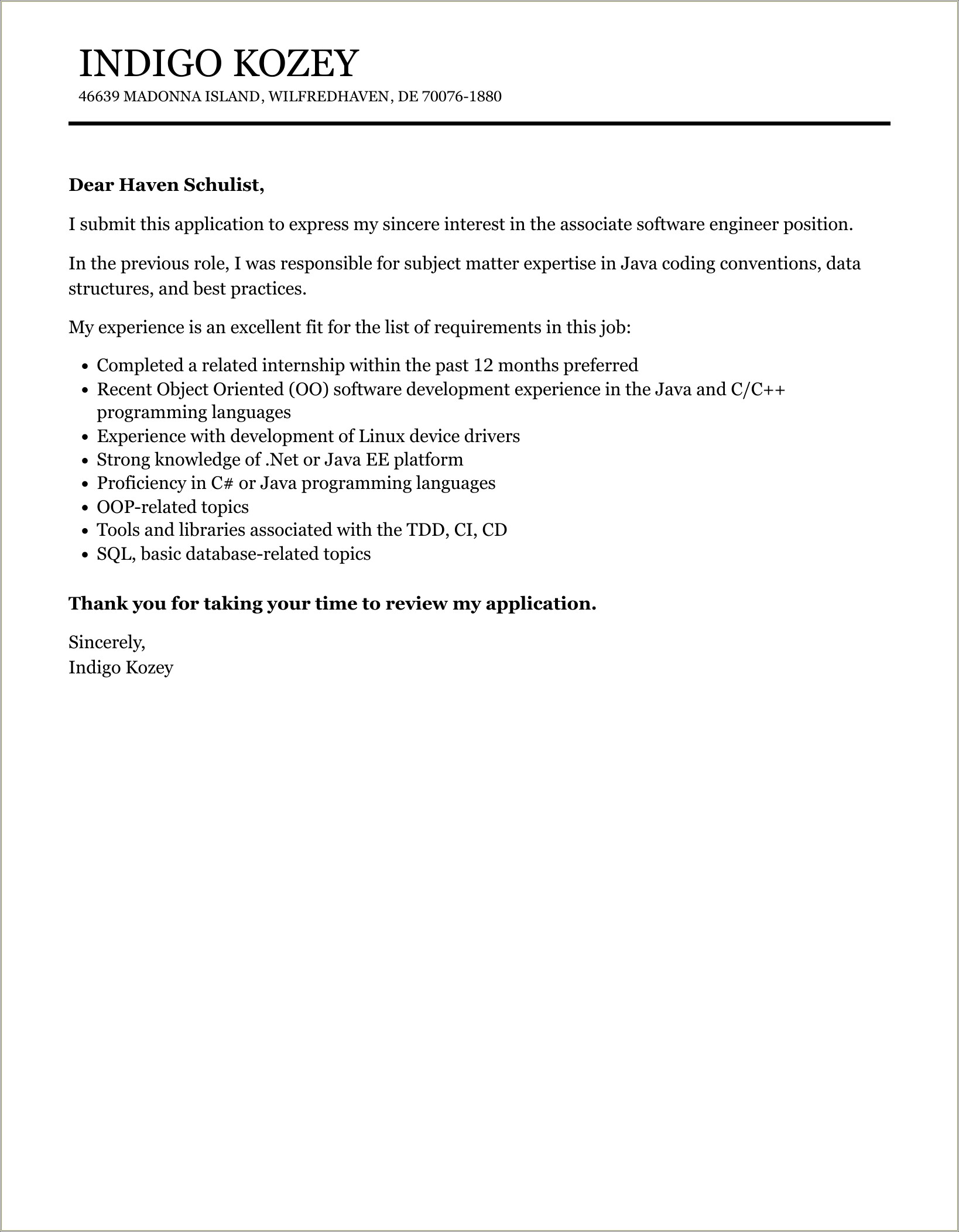 Software Developer Resume Cover Letter Sample