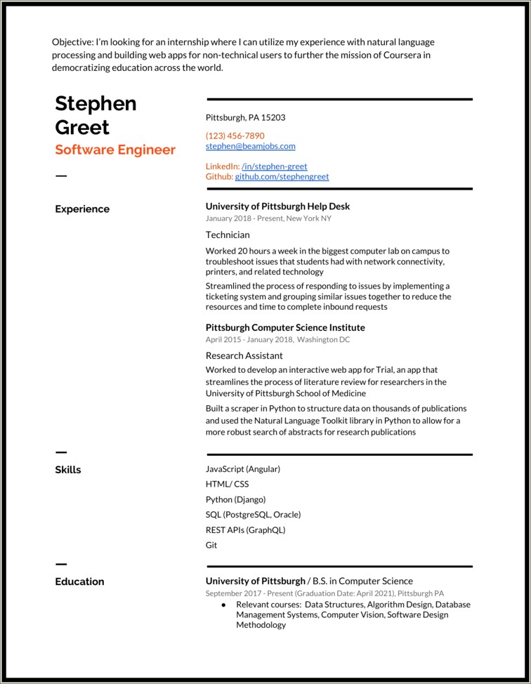 Software Developer Resume Example No Degree