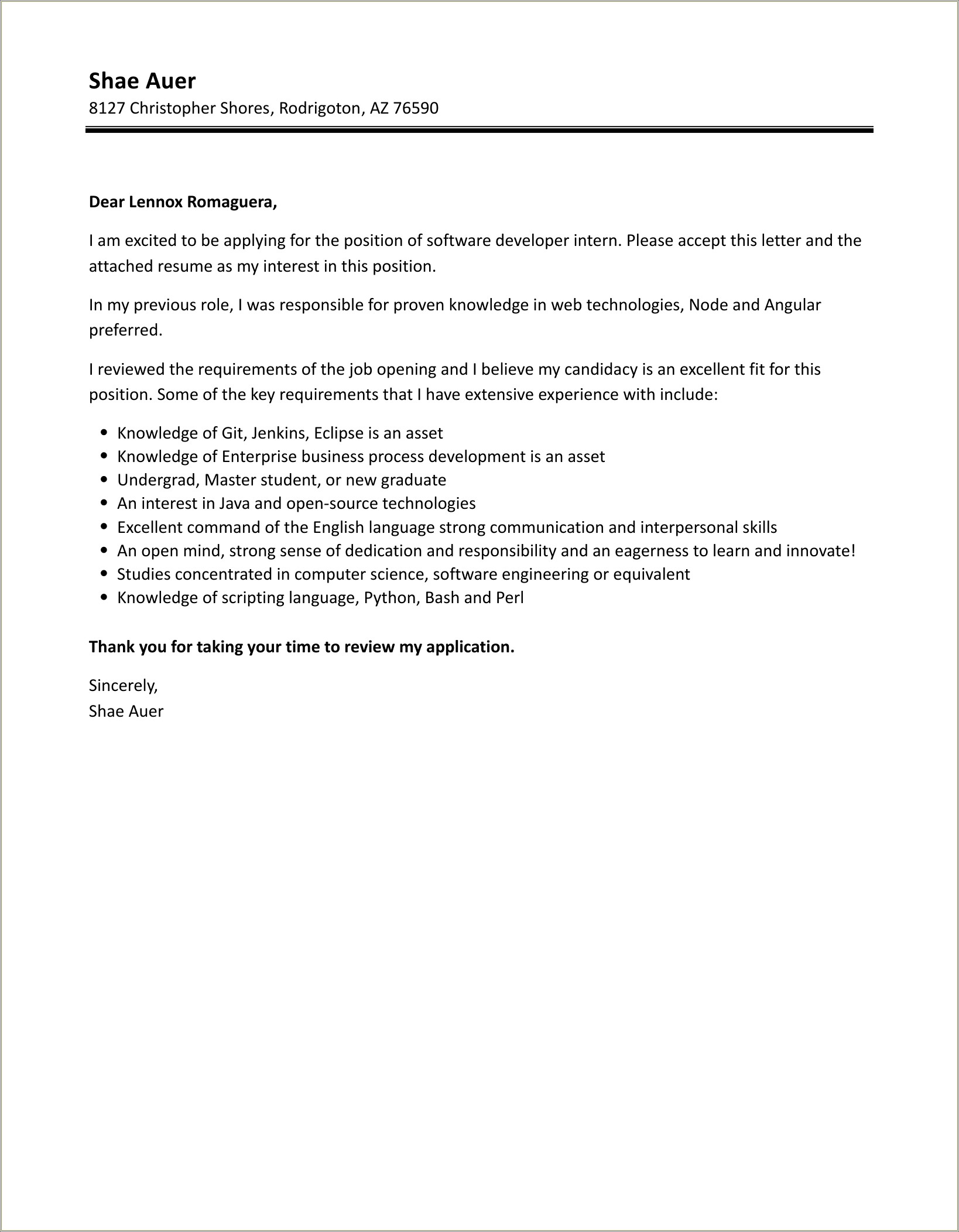 Software Developer Sample Cover Letter For Resume