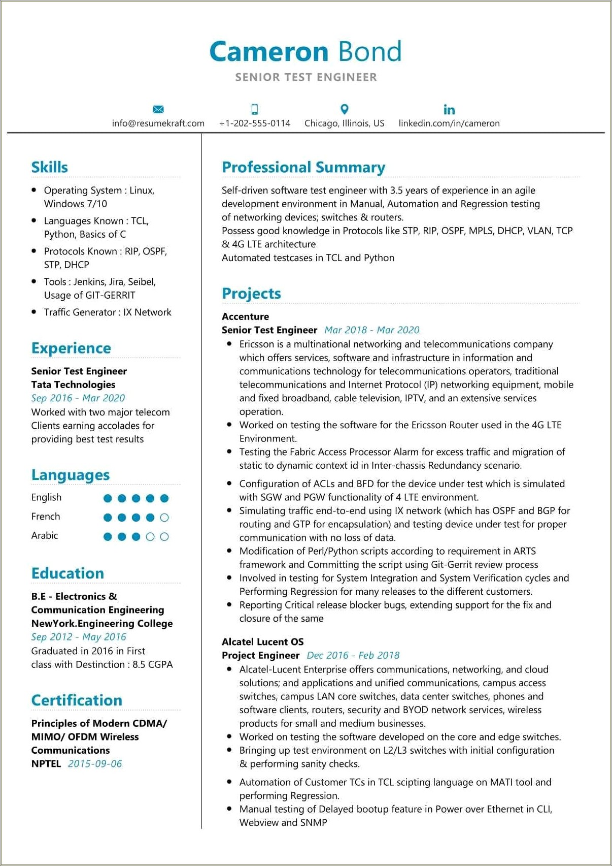 Software Development Engineer In Test Resume Sample