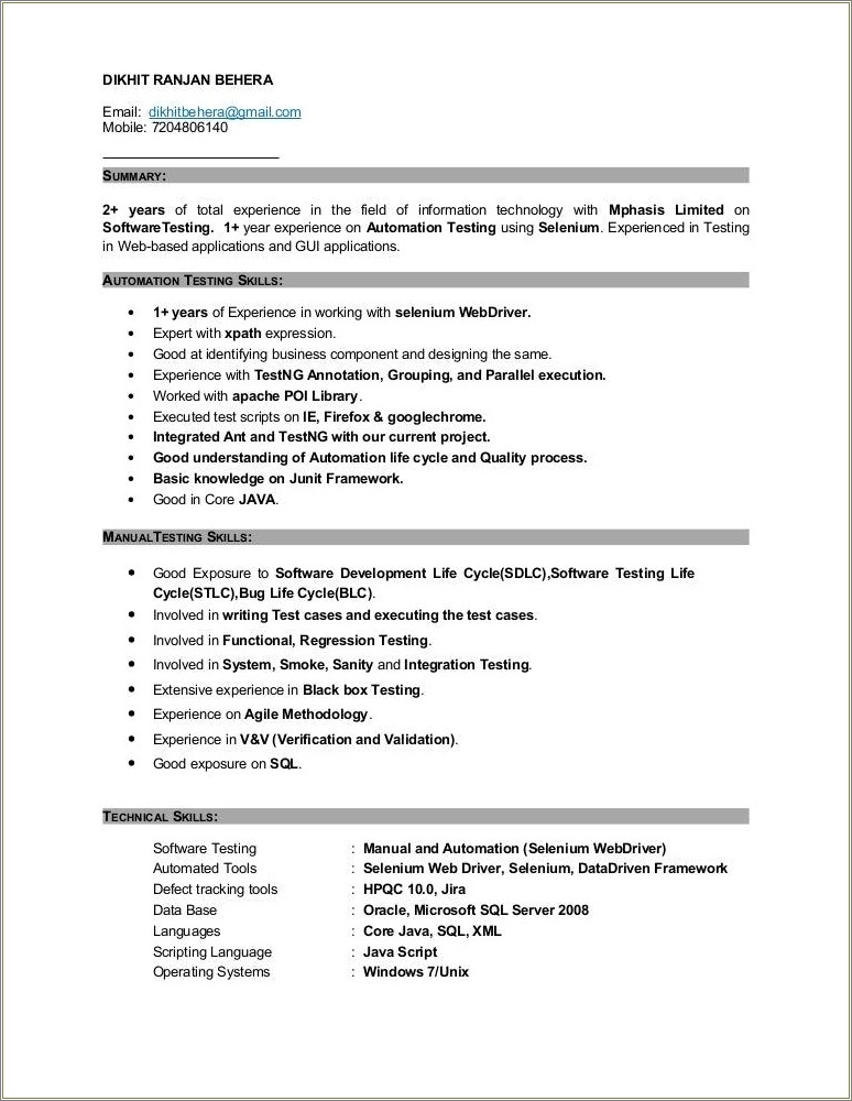 Software Development Life Cycle Experience Resume