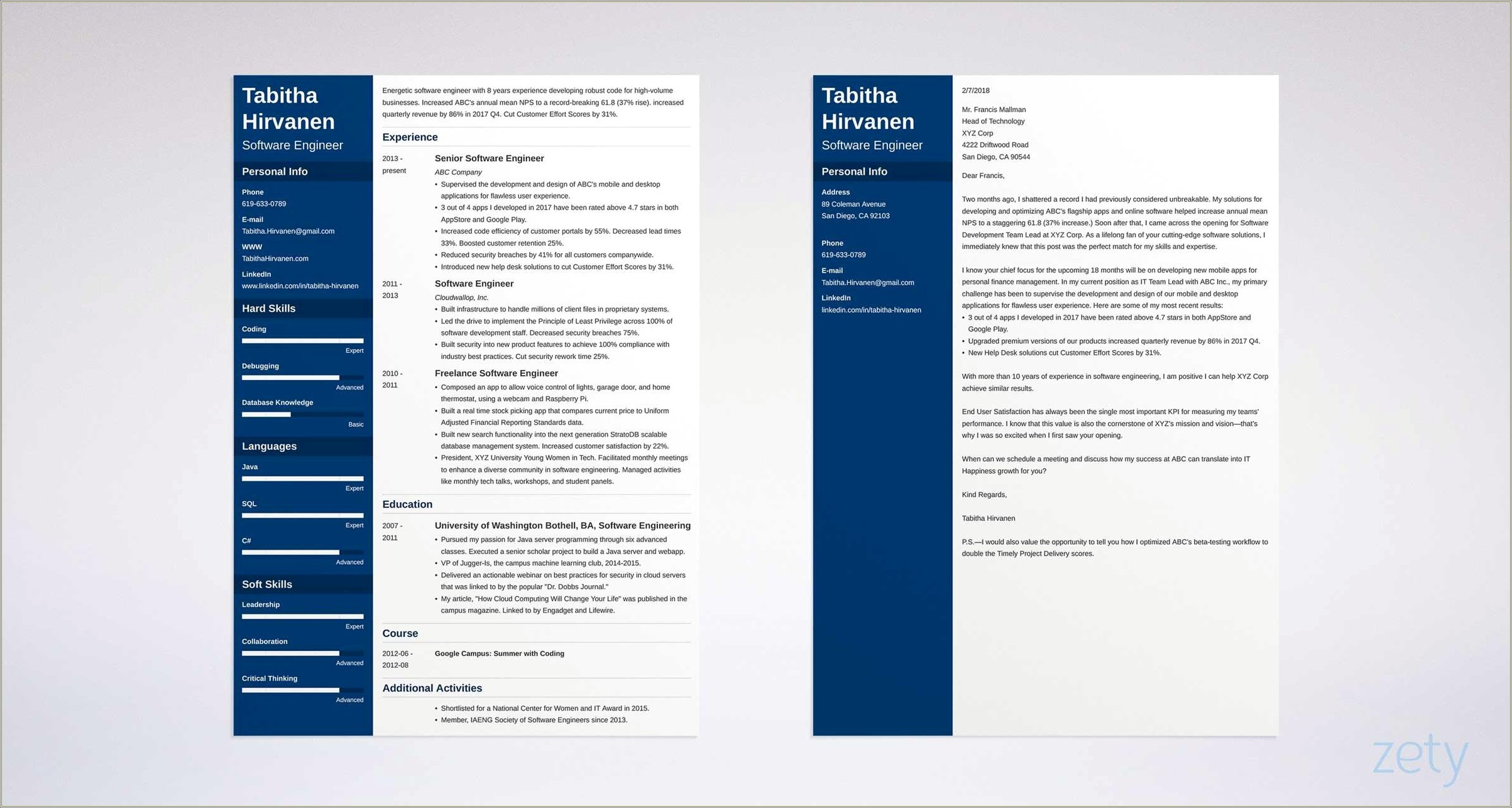 Software Engineer Cover Letter And Resume Example