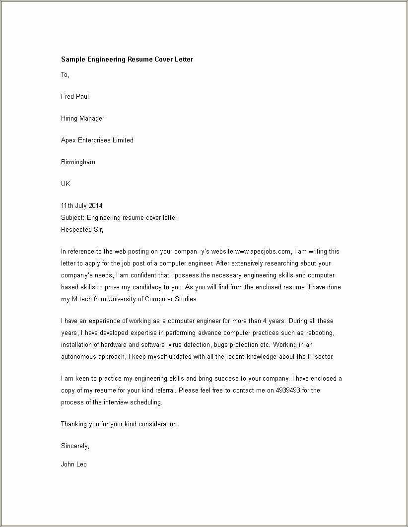 Software Engineer Cover Letter For Resume