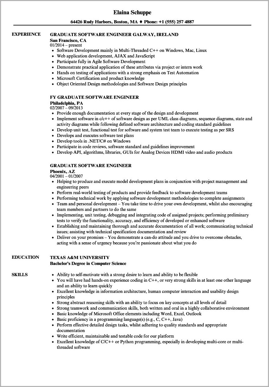 Software Engineer Fresh Graduate Resume Objective