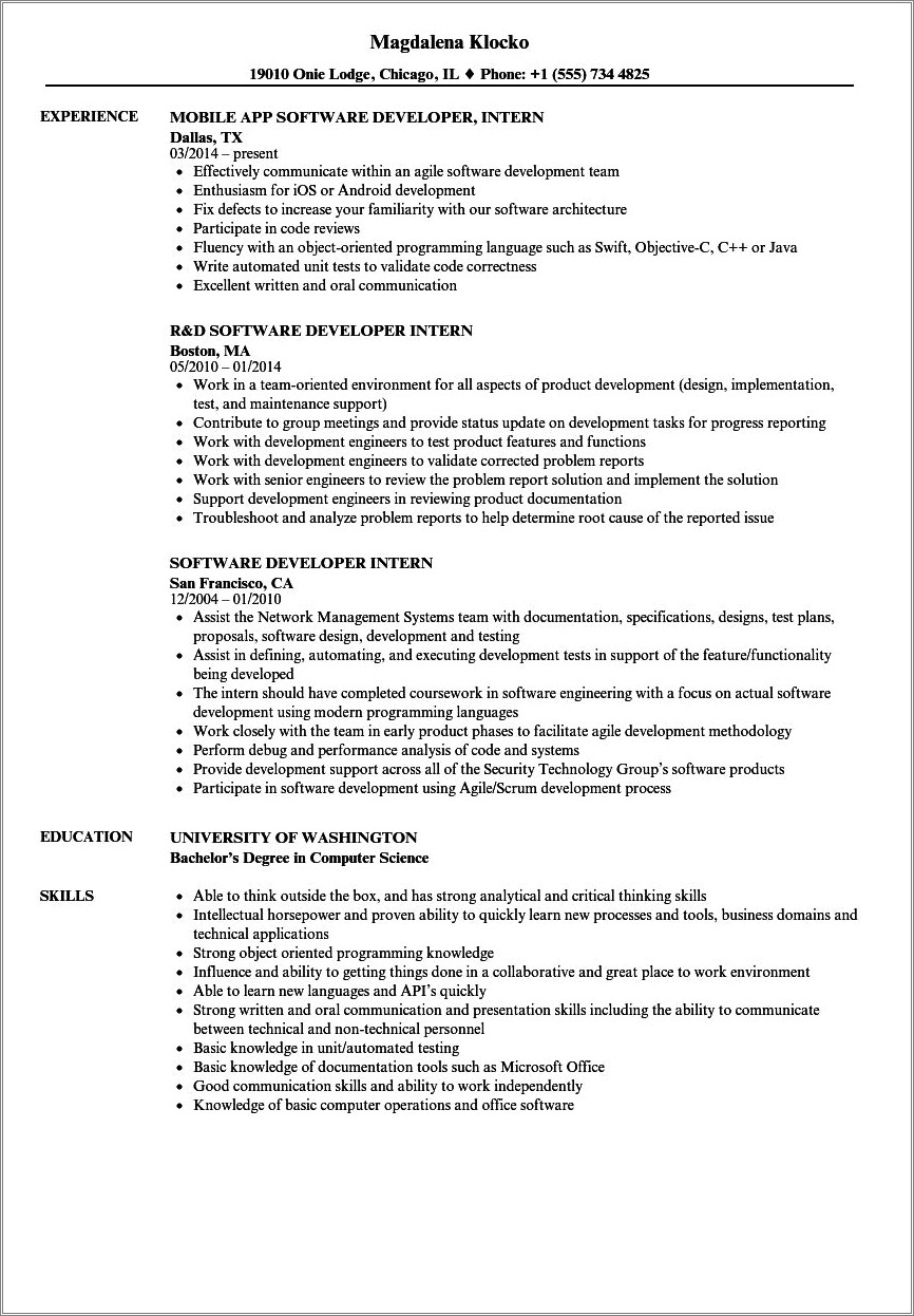 Software Engineer Internship Resume No Experience