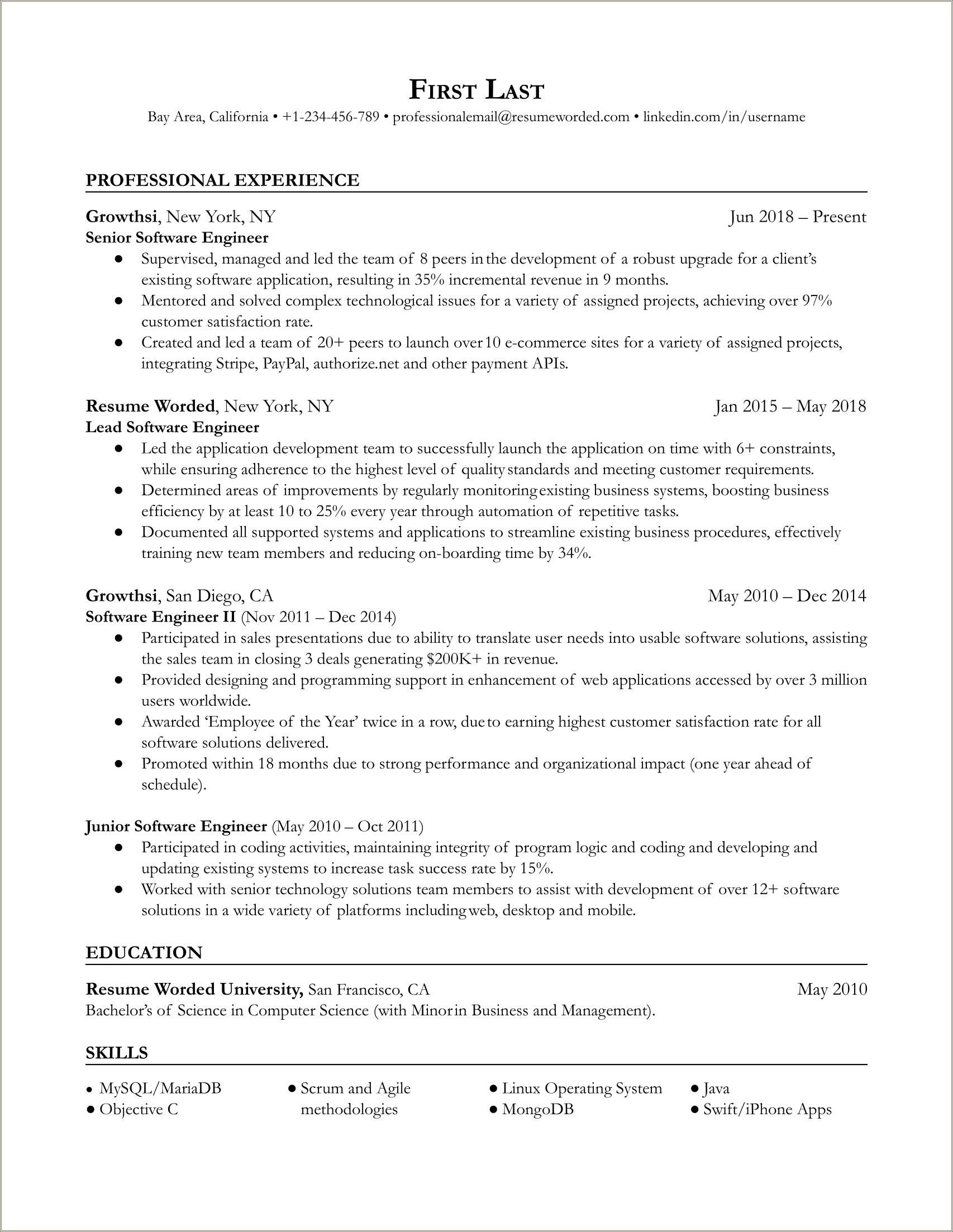 Software Engineer New Grad Resume Example