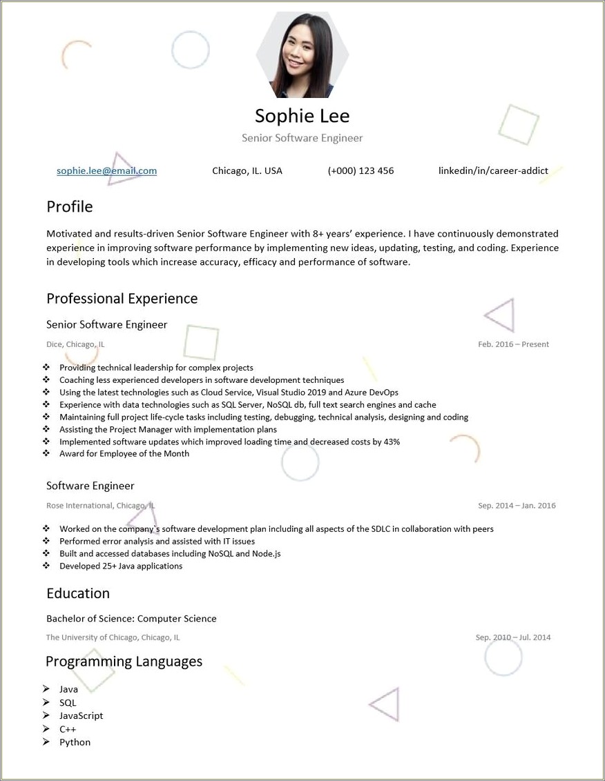 Software Engineer One Page Resume Sample