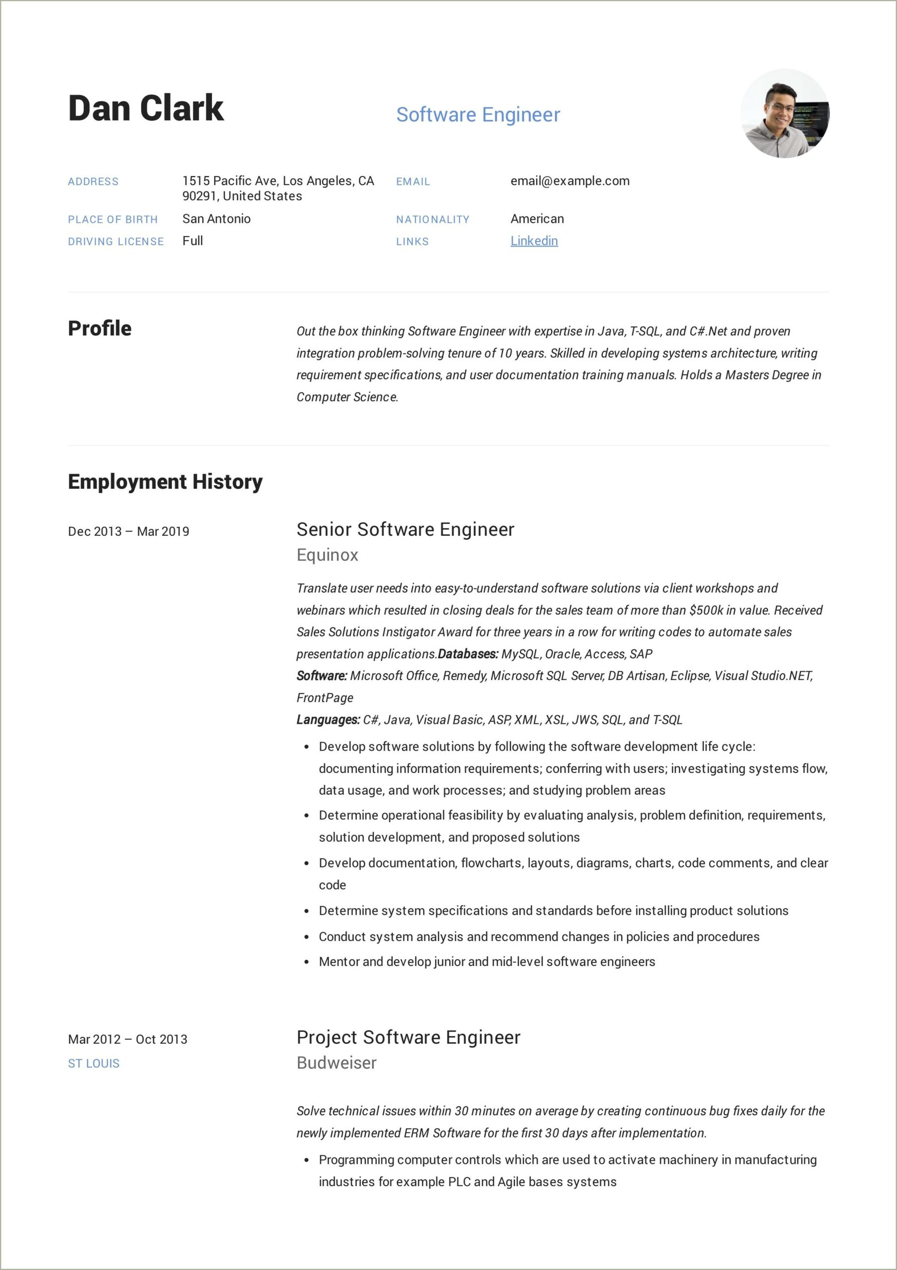 Software Engineer Resume Example Full Life Cycle