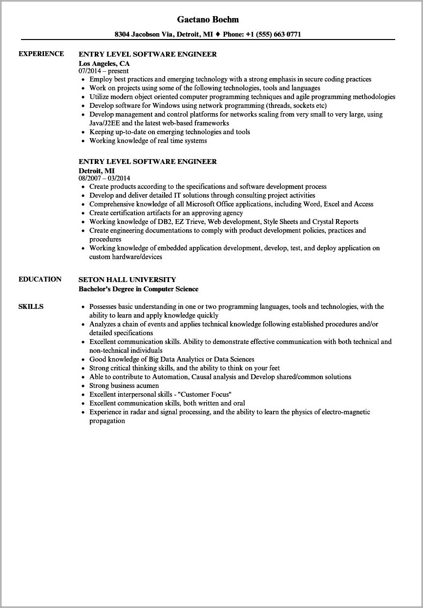 Software Engineer Resume Summary New Grad