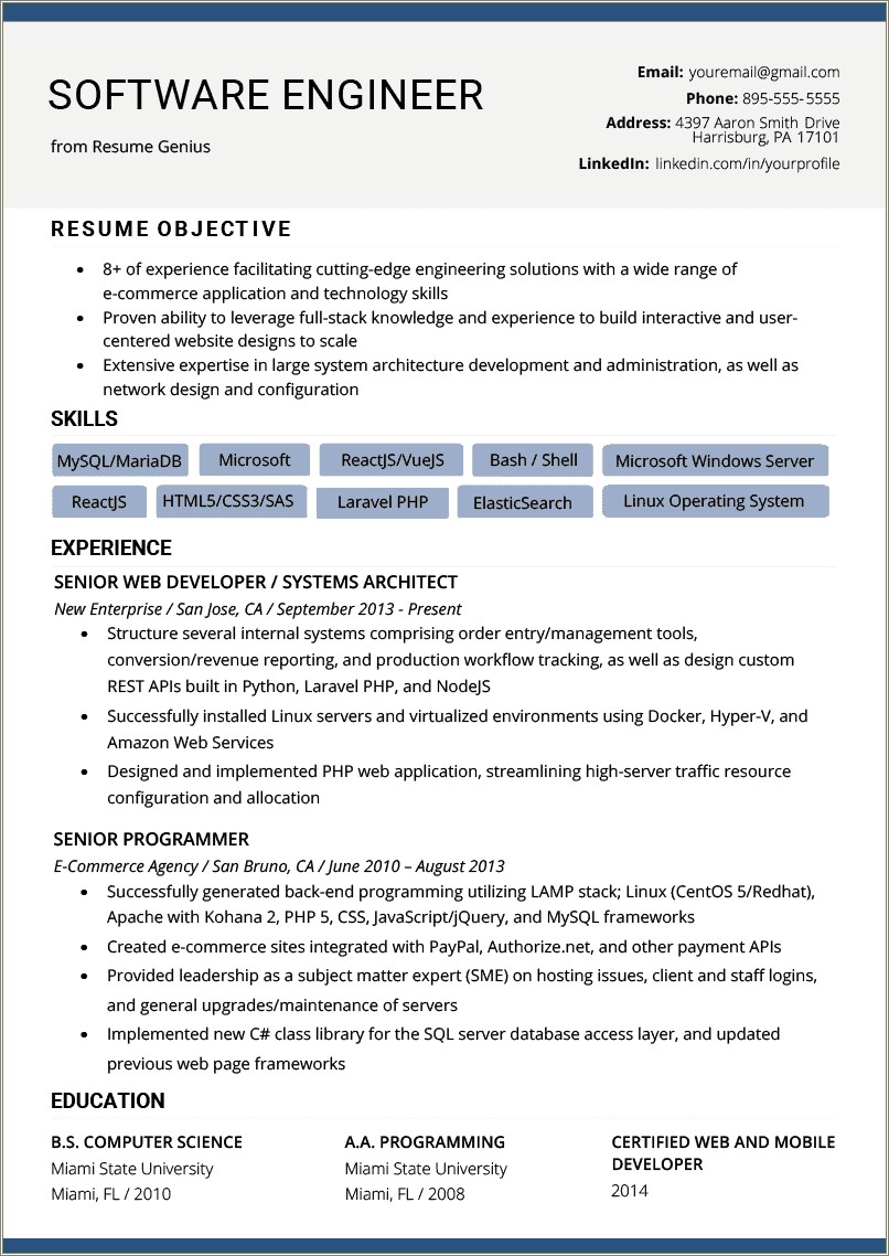 Software Engineer Resume Without Related Work Experience Examples