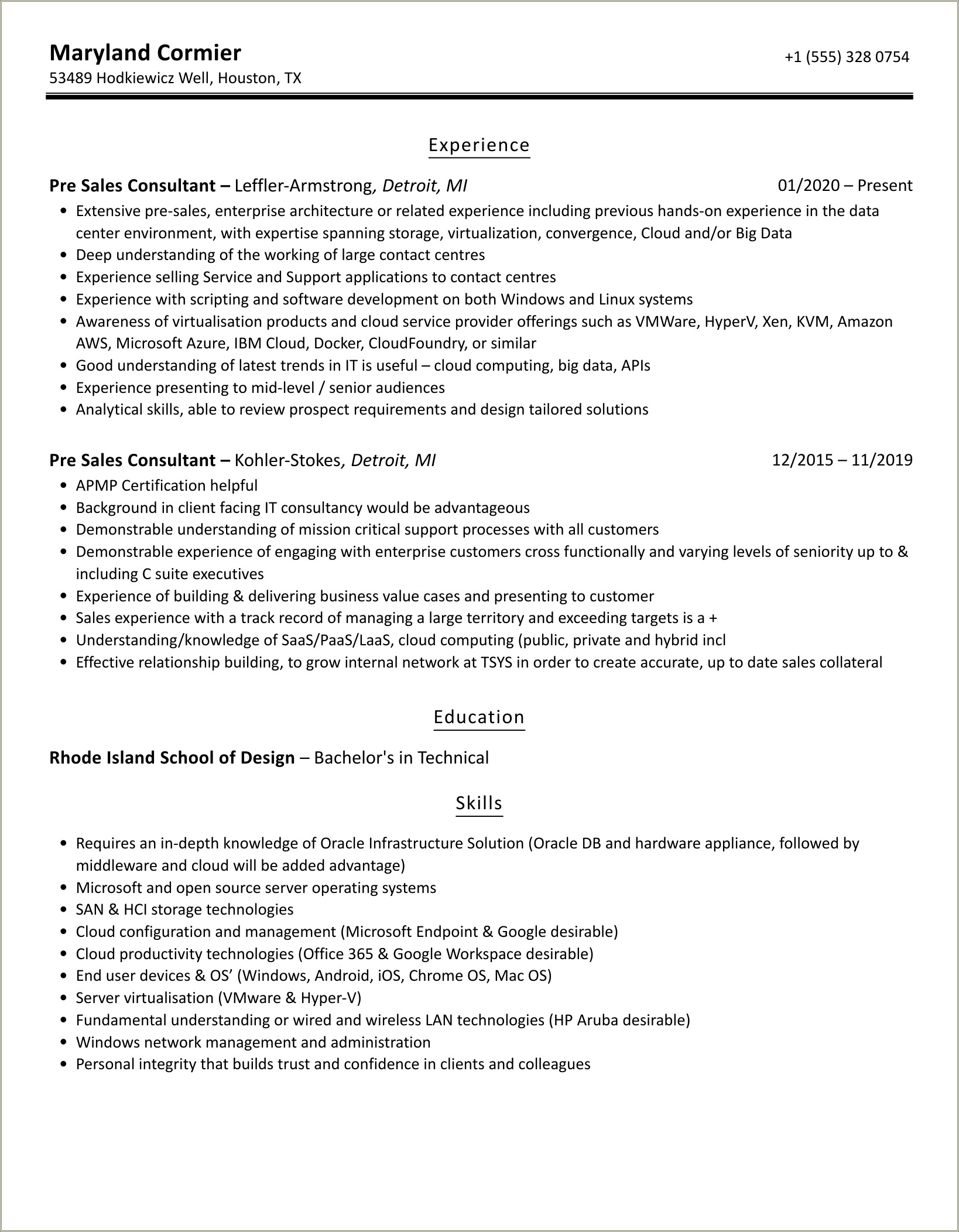 Software Pre Sales Support Resume Sample