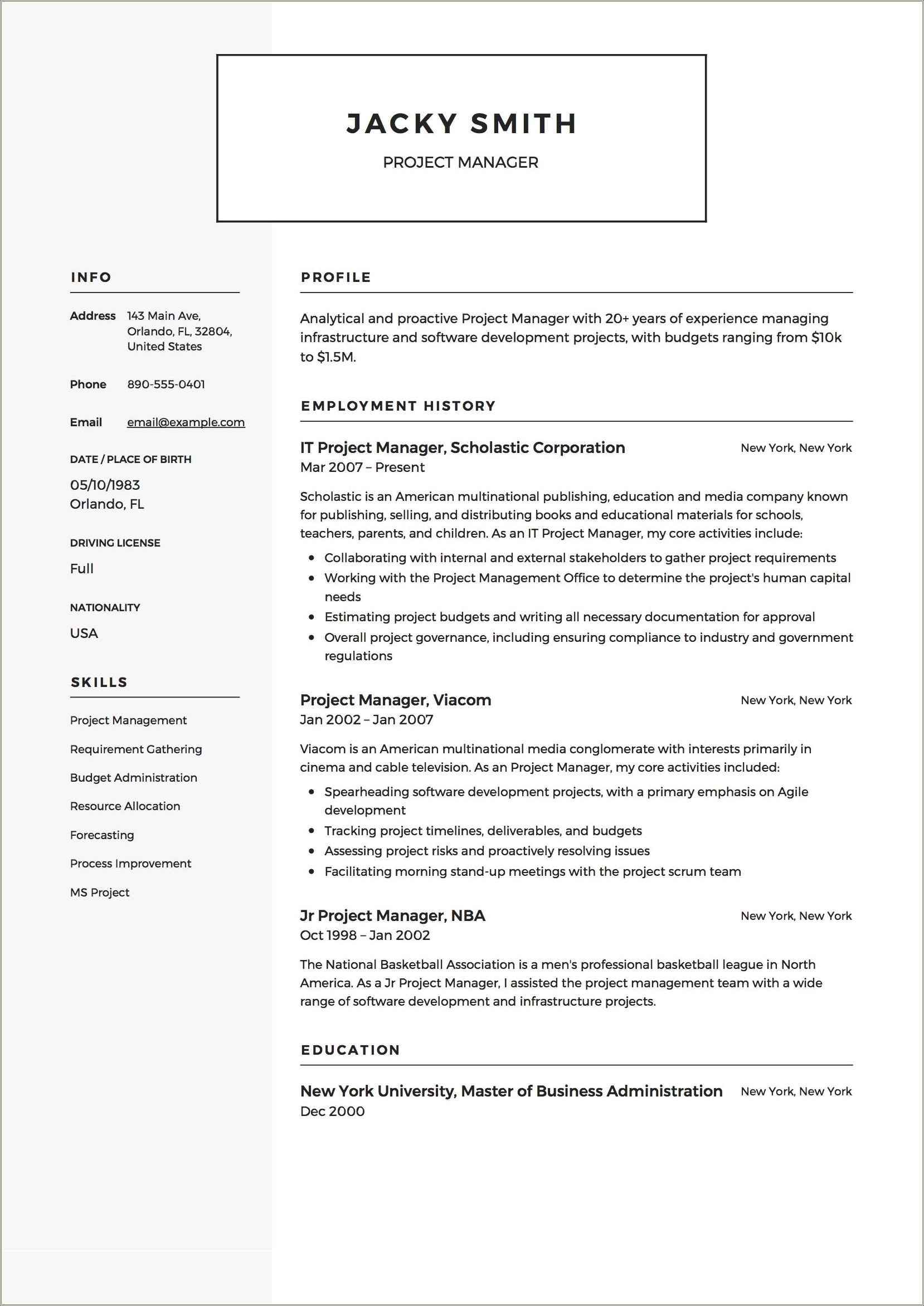 Software Project Description In Resume Sample