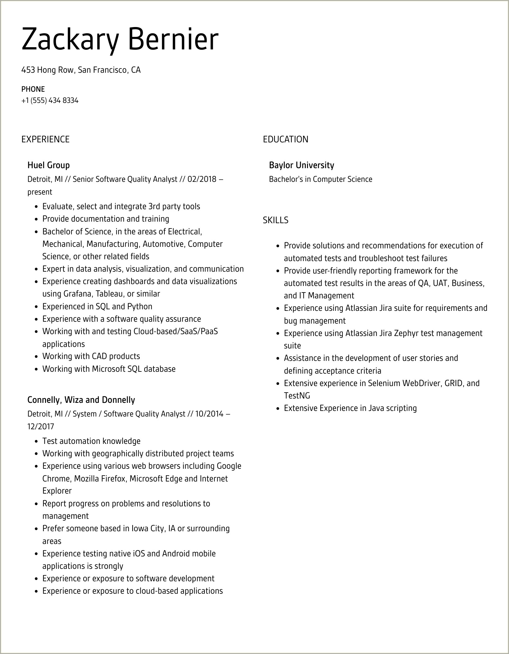 Software Quality Assurance Analyst Resume Example