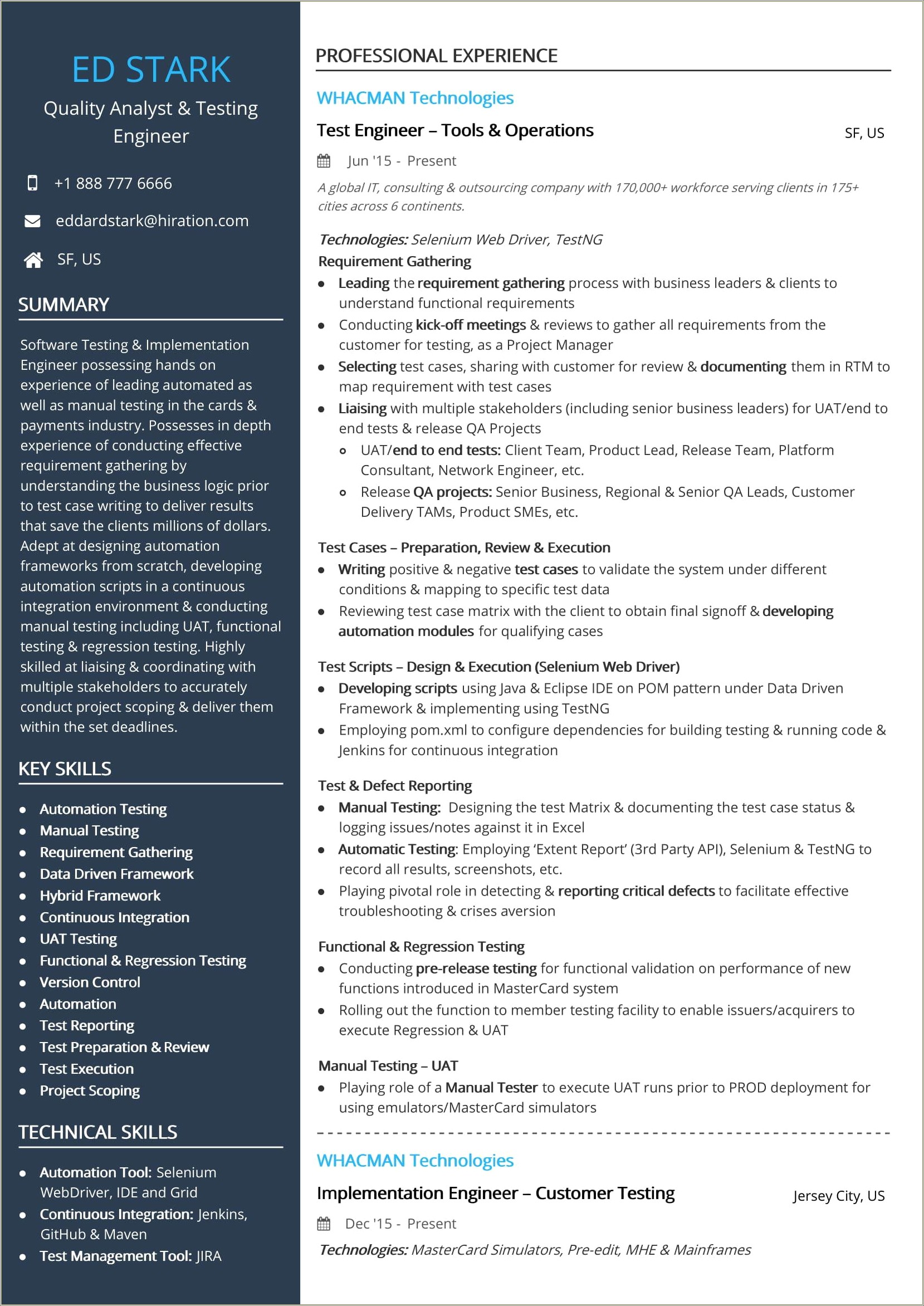 Software Quality Assurance Engineer Resume Sample