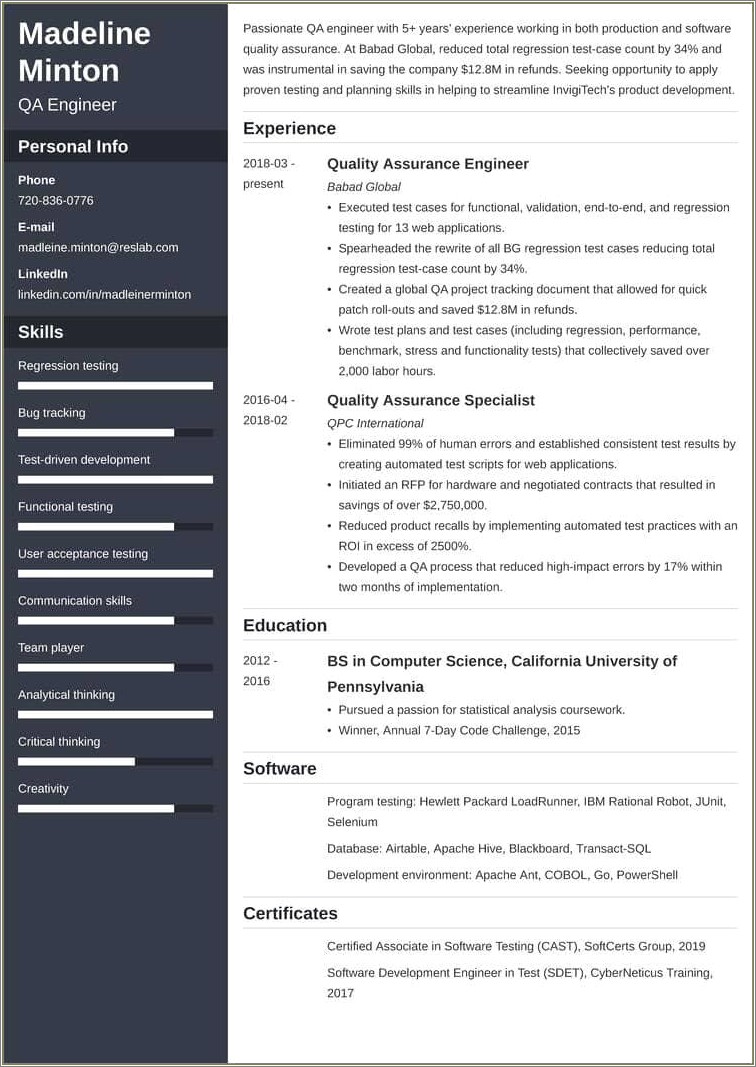 Software Quality Assurance Engineer Resume Summary