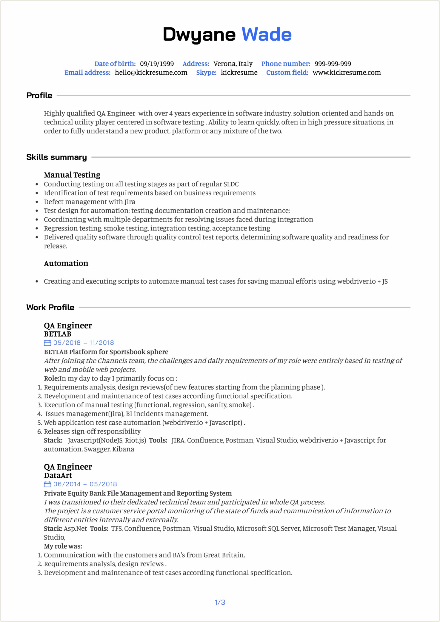 Software Quality Assurance Engineer Resume Template