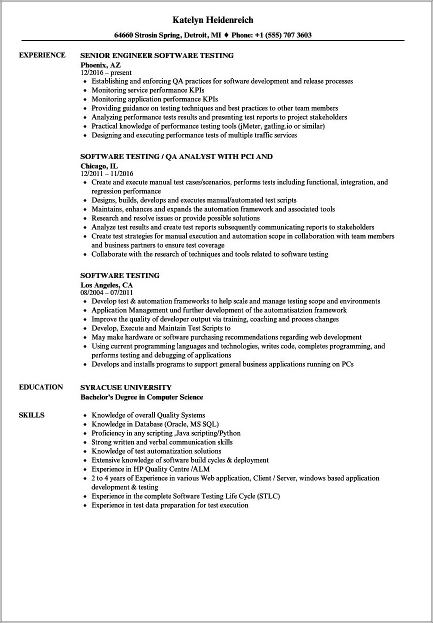 Software Tester Job Descrition For Resume