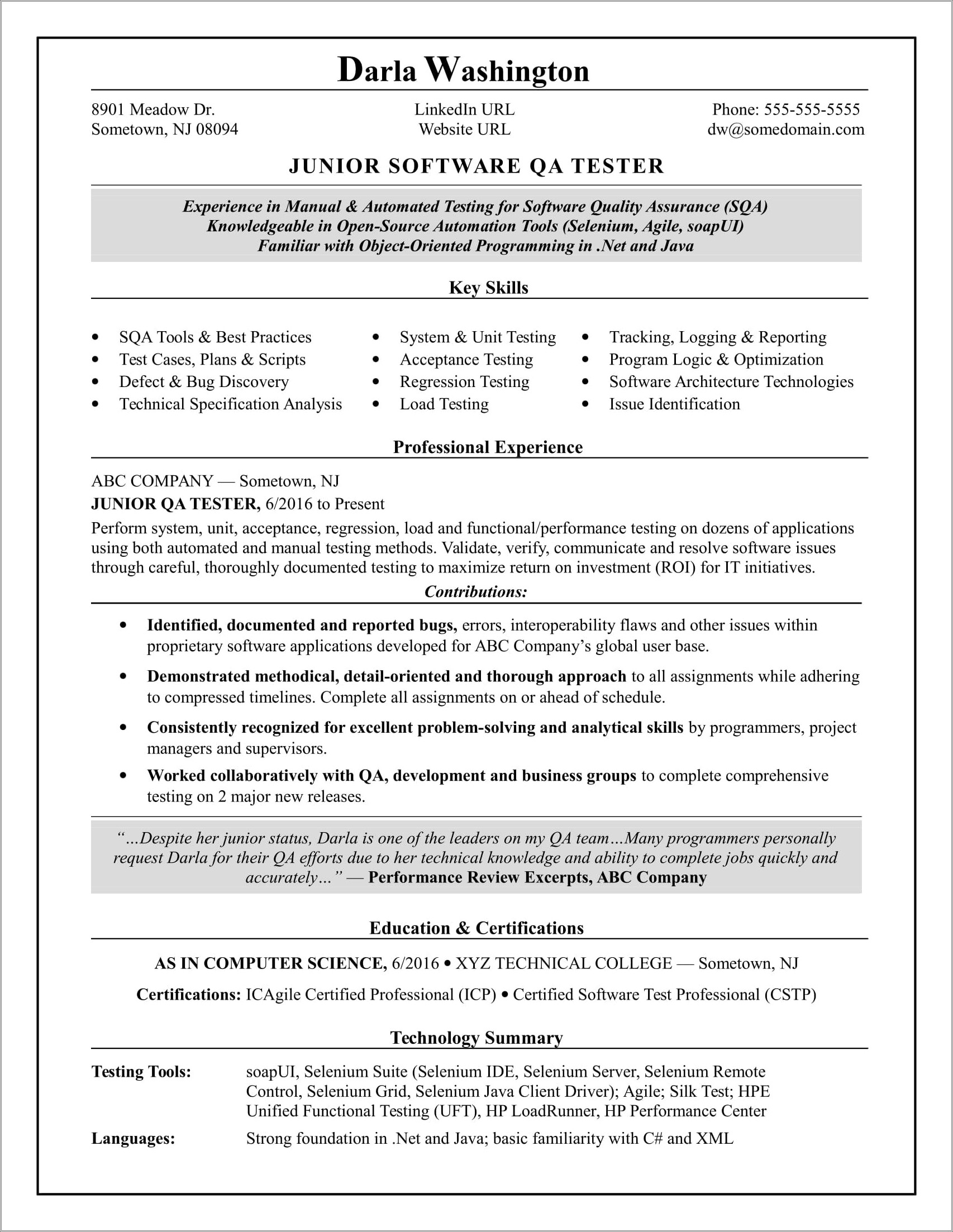 Software Testing Resume For Fresher Samples