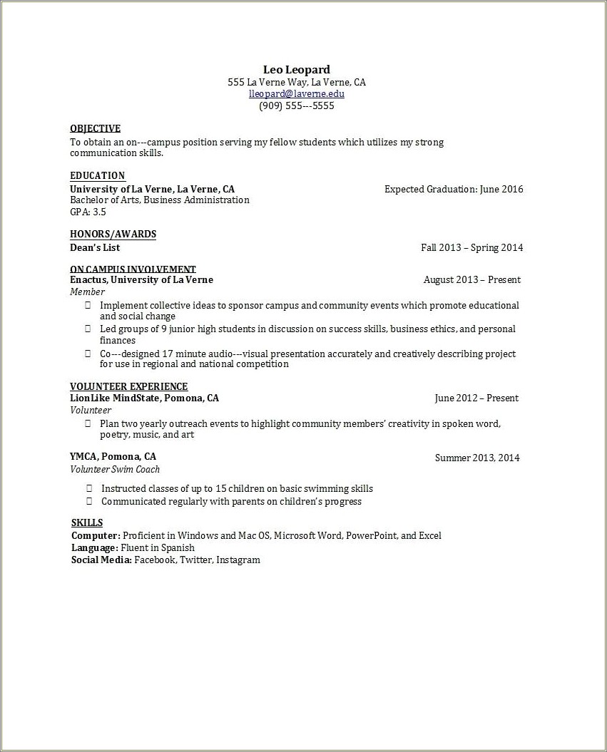 Sohpmore At College High School On Resume