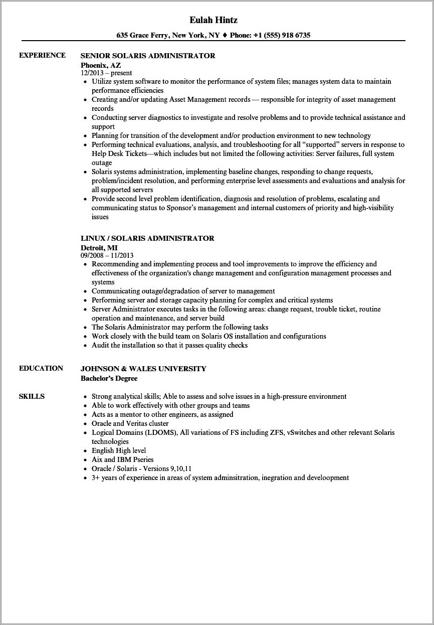 Solaris 10 Sparc Resume Example Samlpe