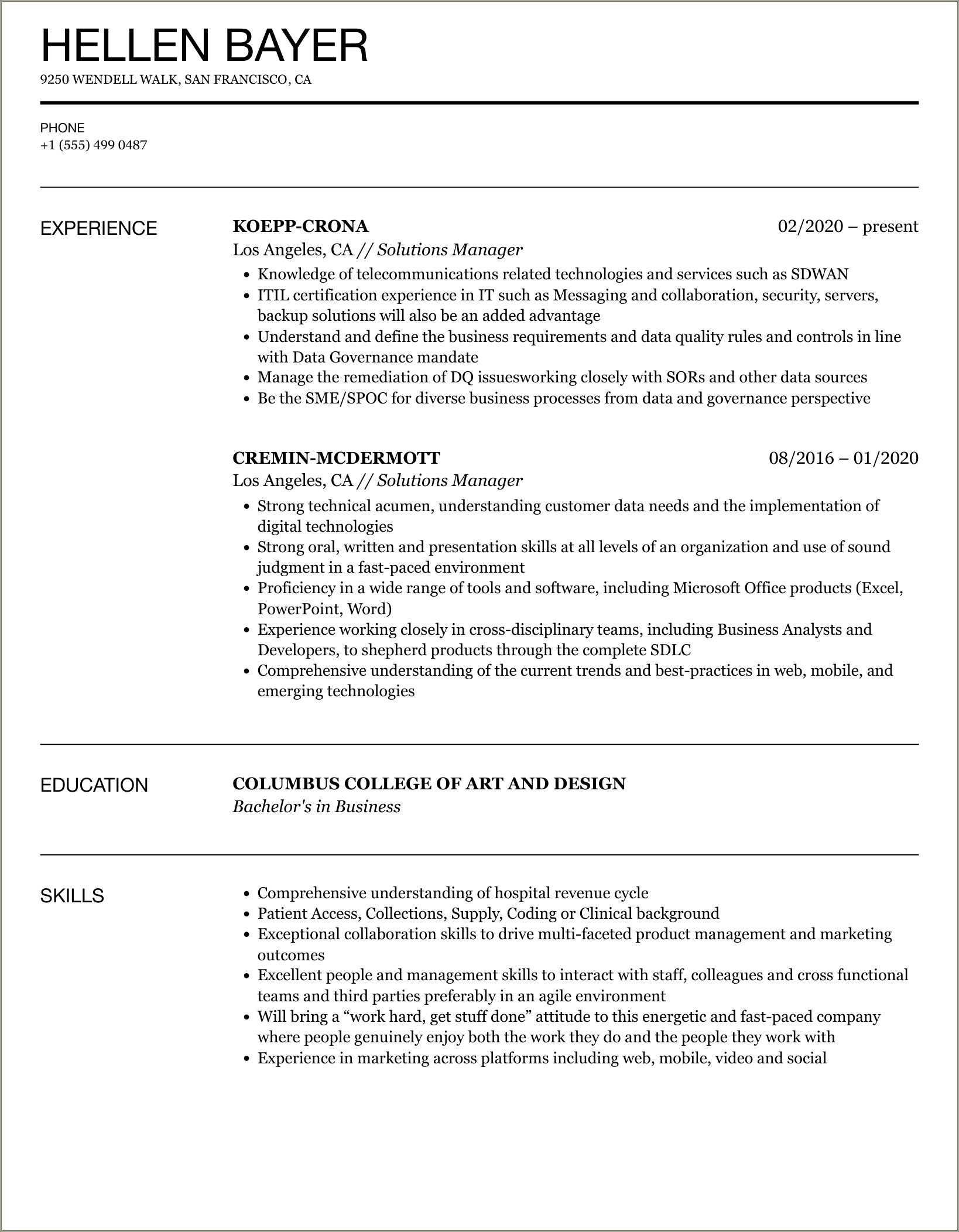 Soltions Manager Resume In Non Tech Company Specify