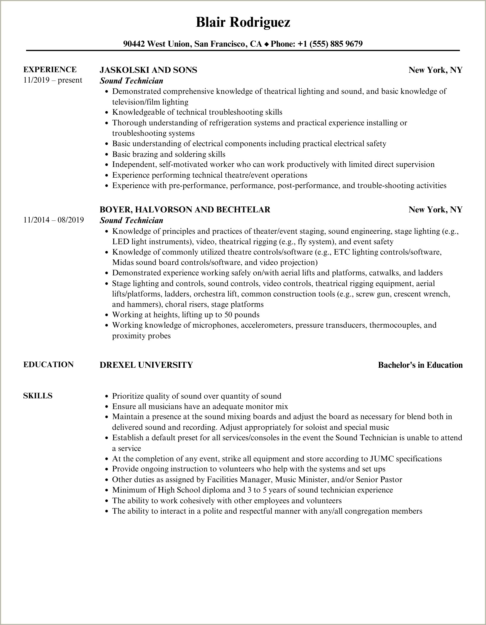 Sound And Light Technician Resume Job Descritpion