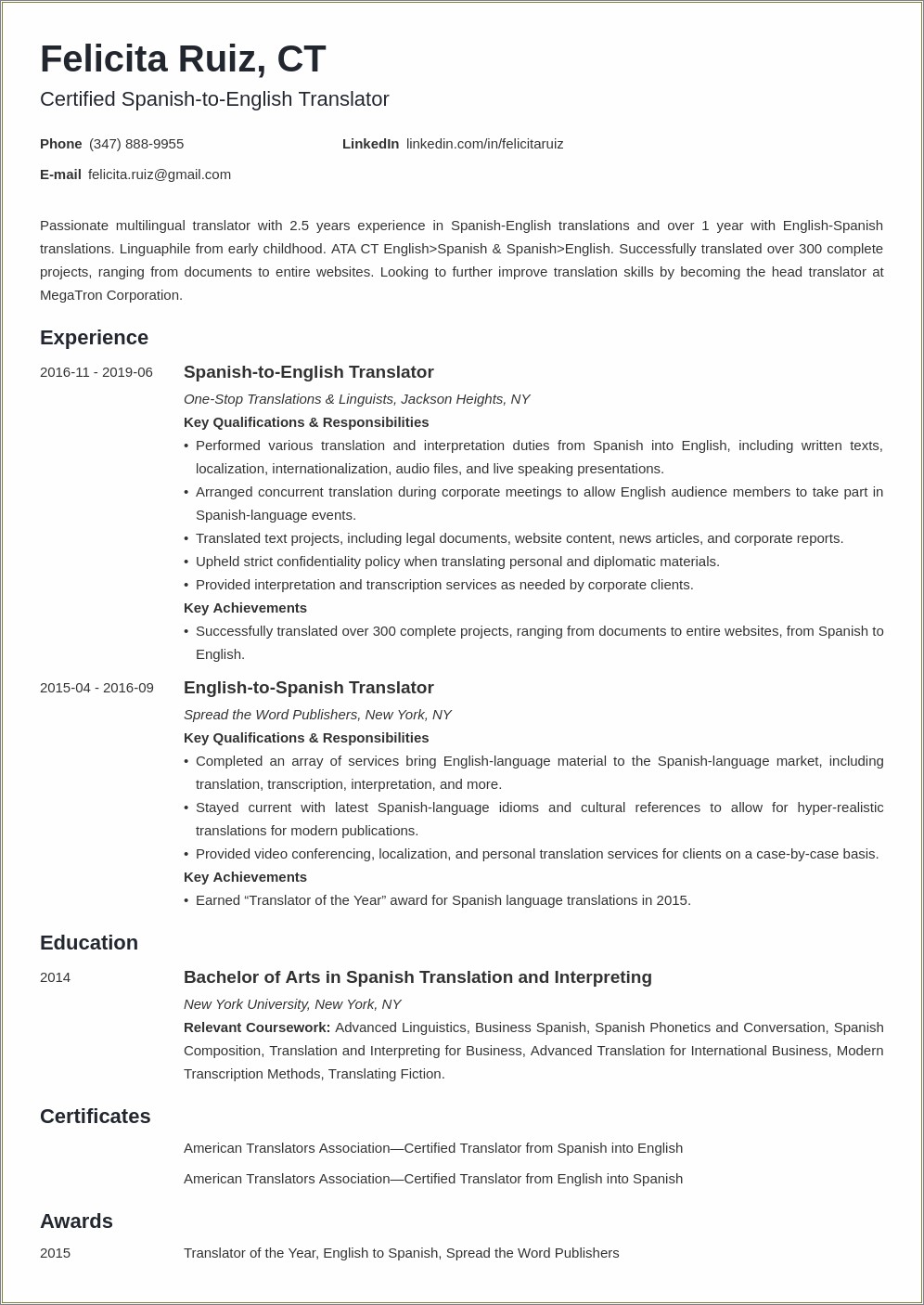 Spanish Interpreter Resume No Experience Example