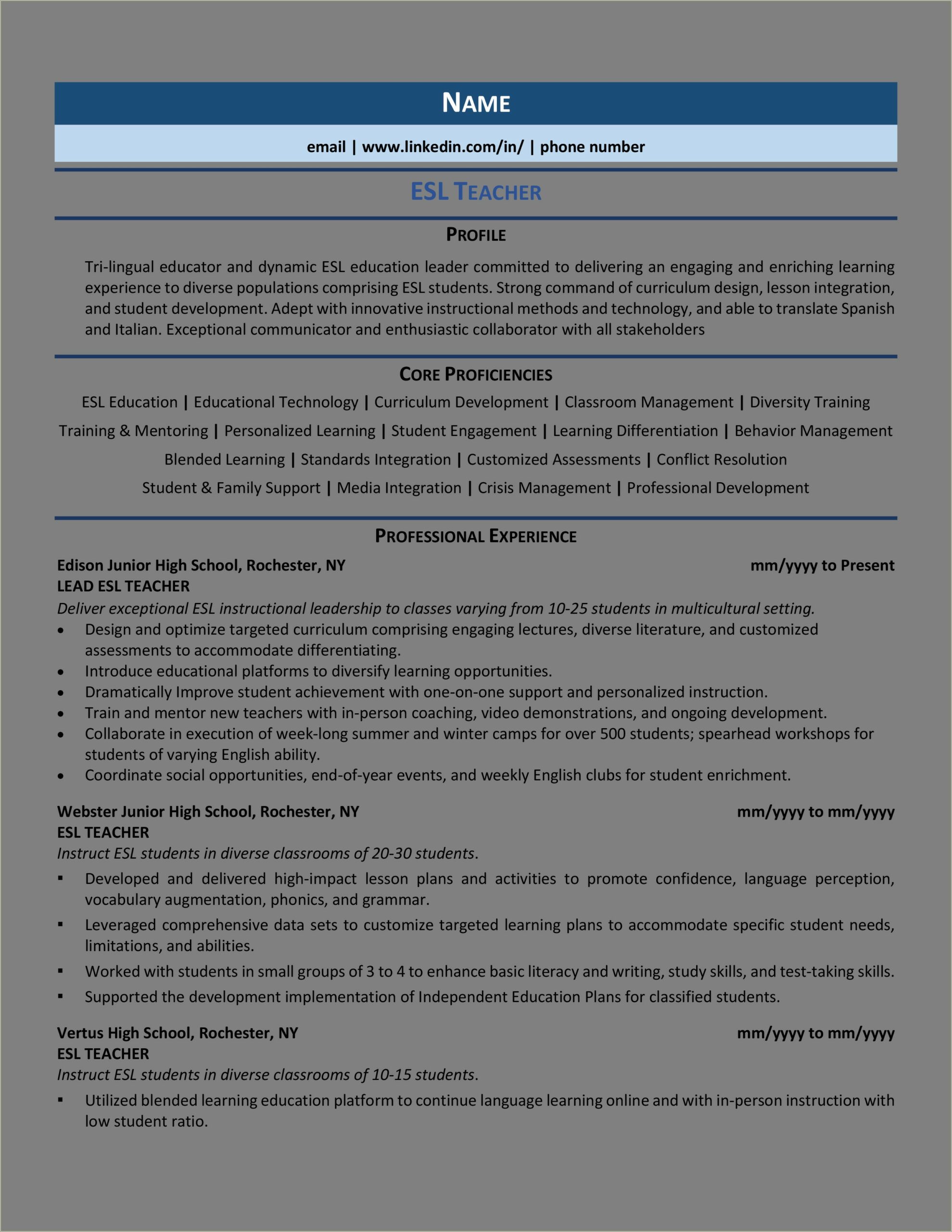 Spanish Teacher Professional Summary For Resume