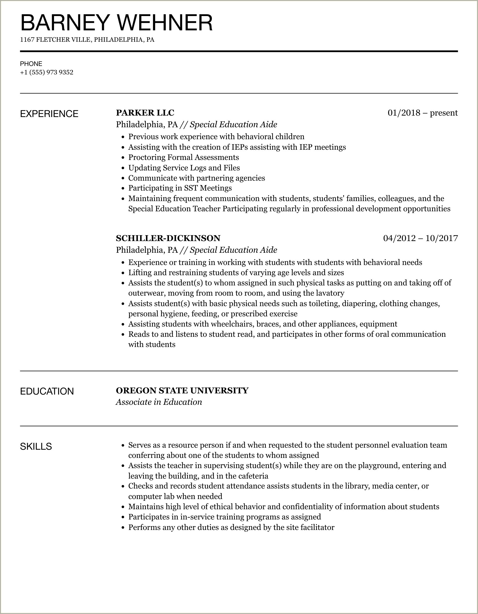 Special Education Aide Resume No Experience