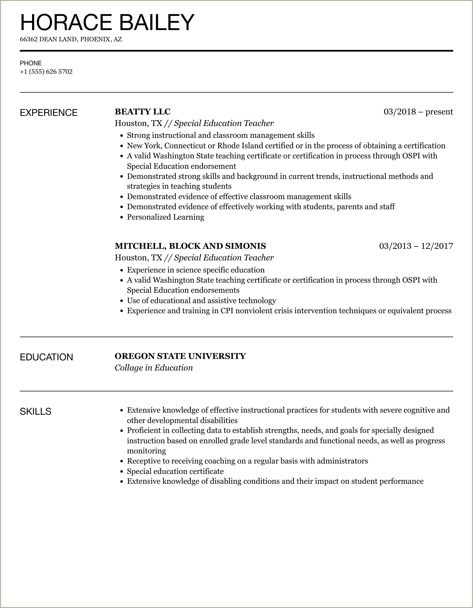 Special Education Department Chair Resume Sample