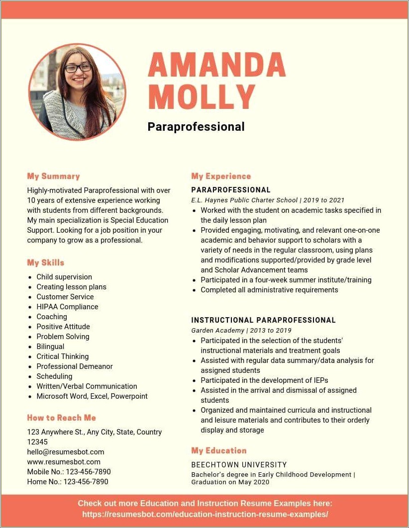 Special Education Paraprofessional Job Description For Resume