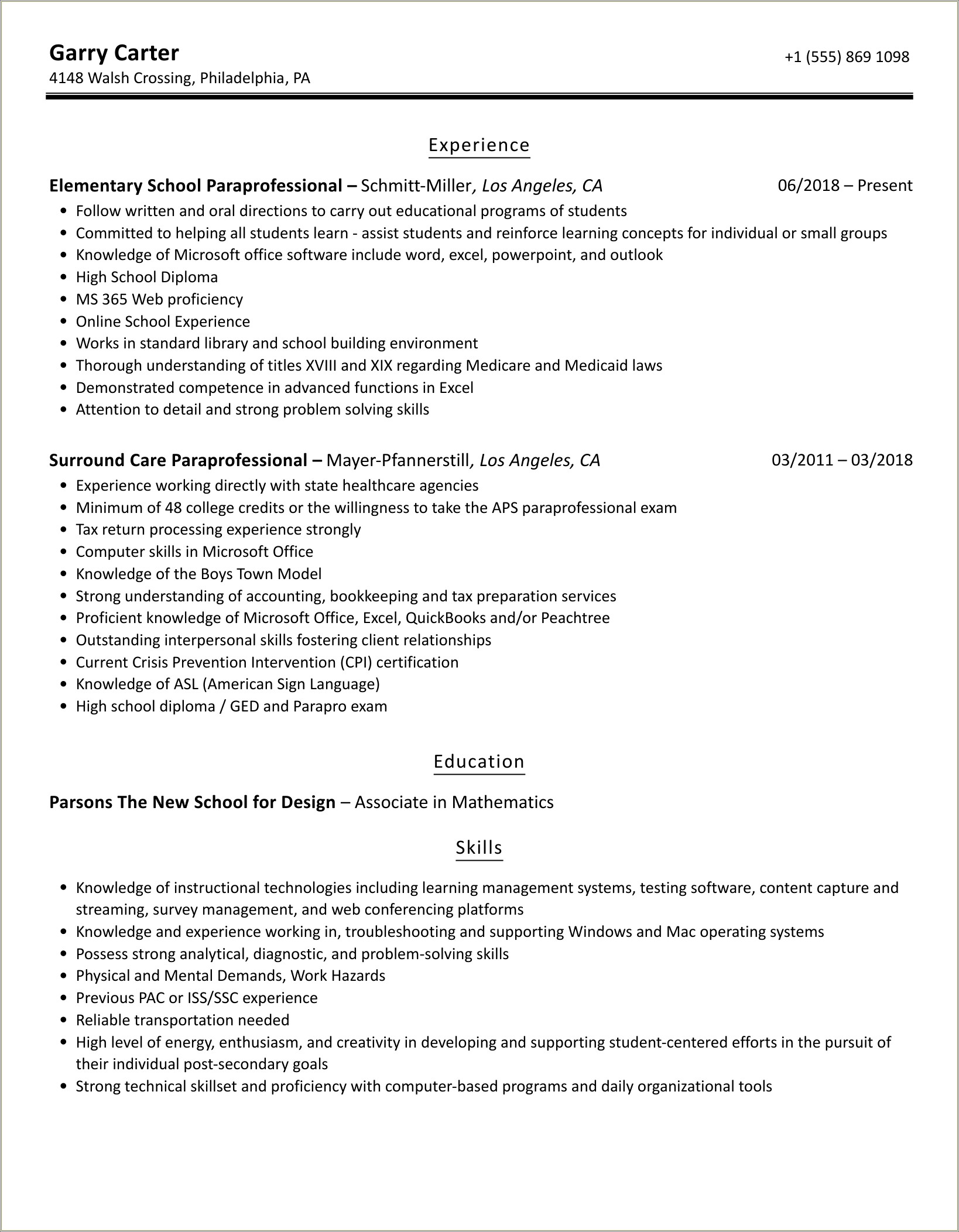 Special Education Paraprofessional Job Description Resume