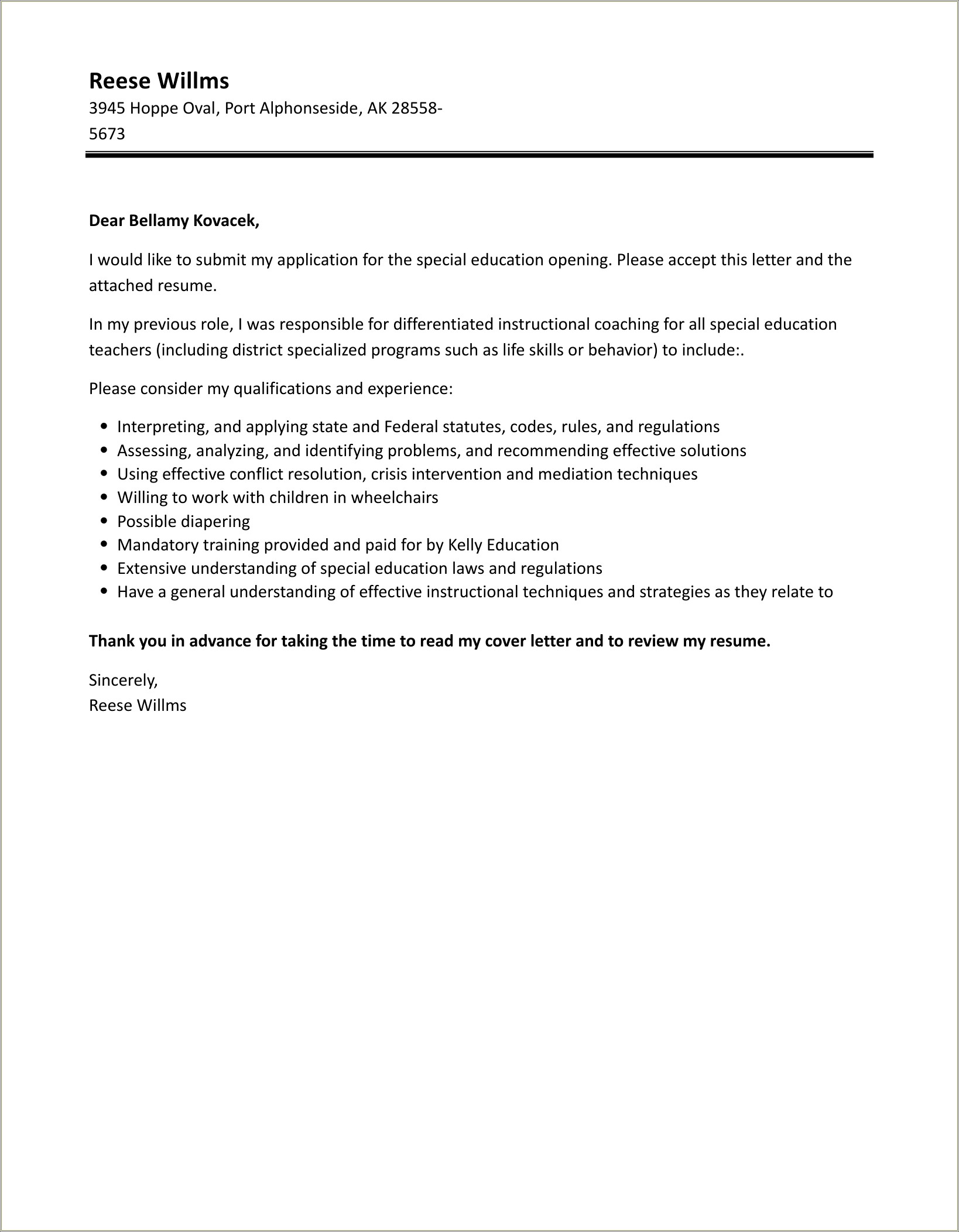 Special Education Resume Cover Letter Template