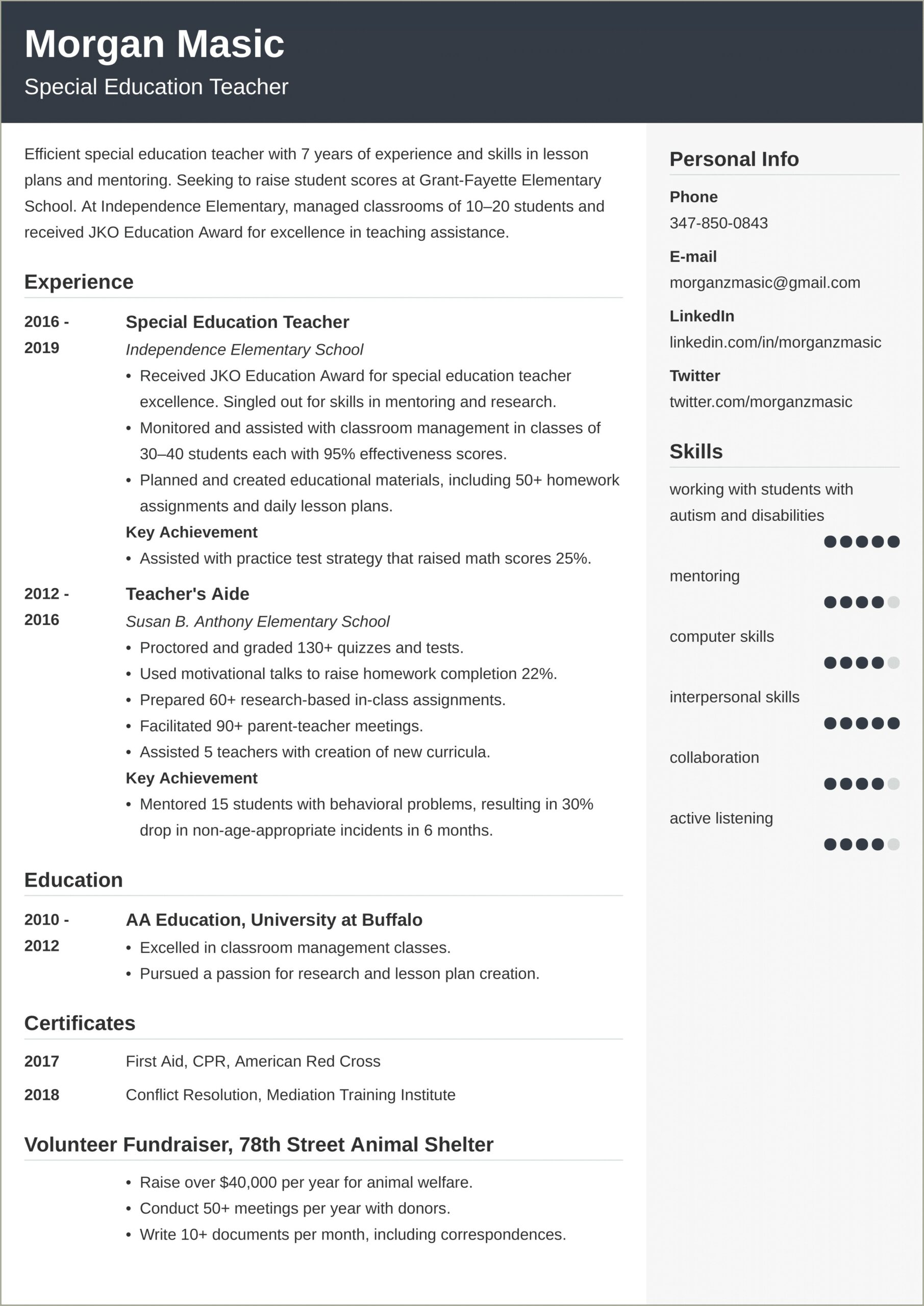 Special Education Teacher Aide Resume Samples