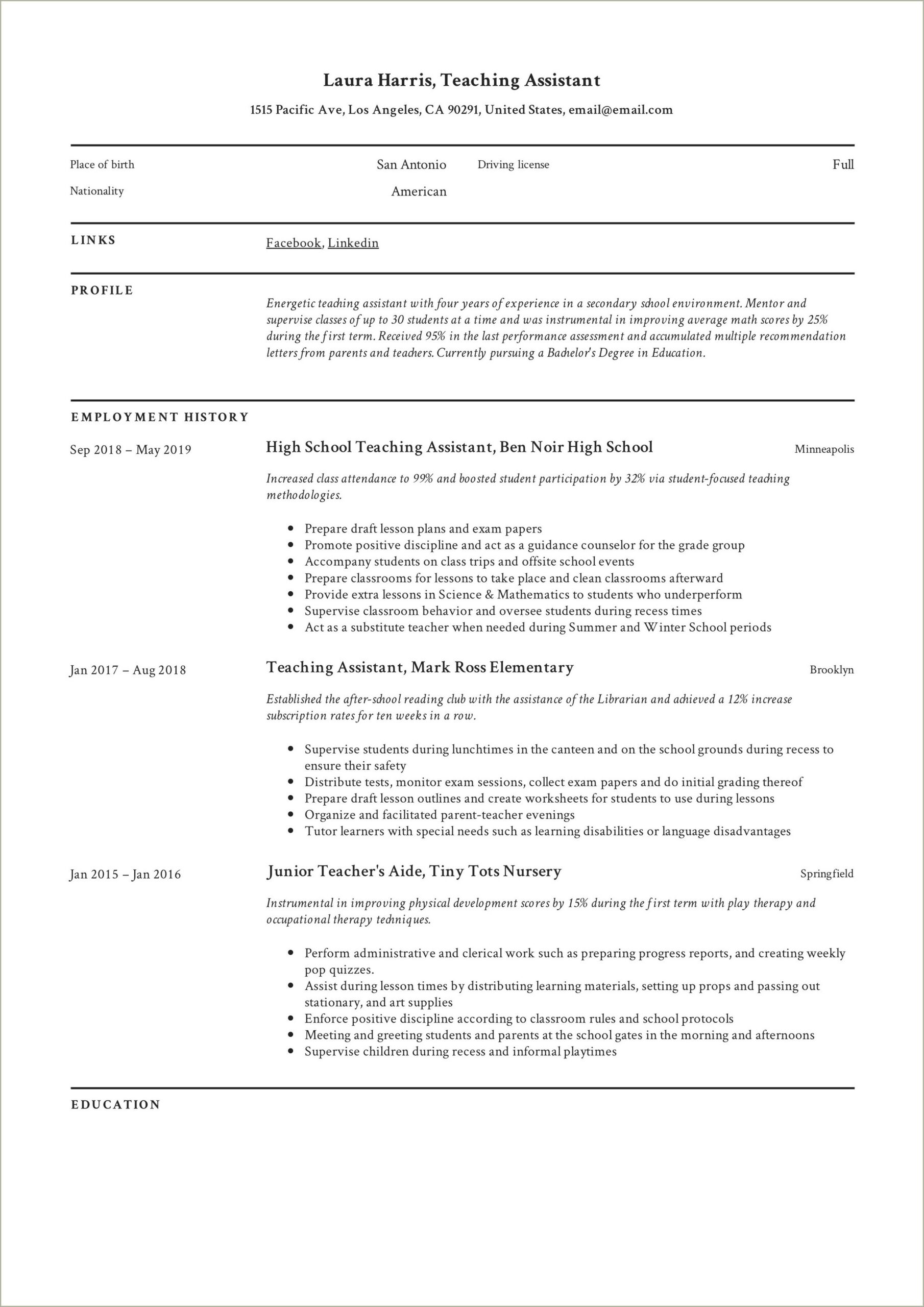 Special Education Teacher Assistant Resume Objective