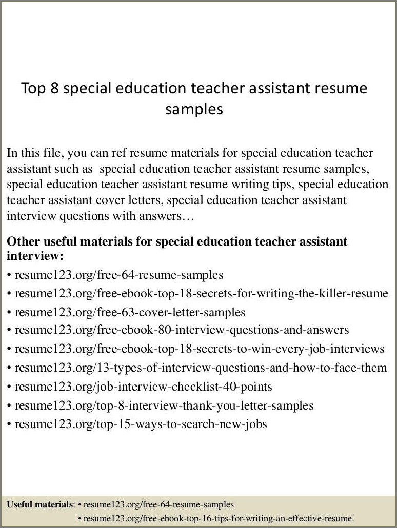 Special Education Teacher Assistant Resume Sample