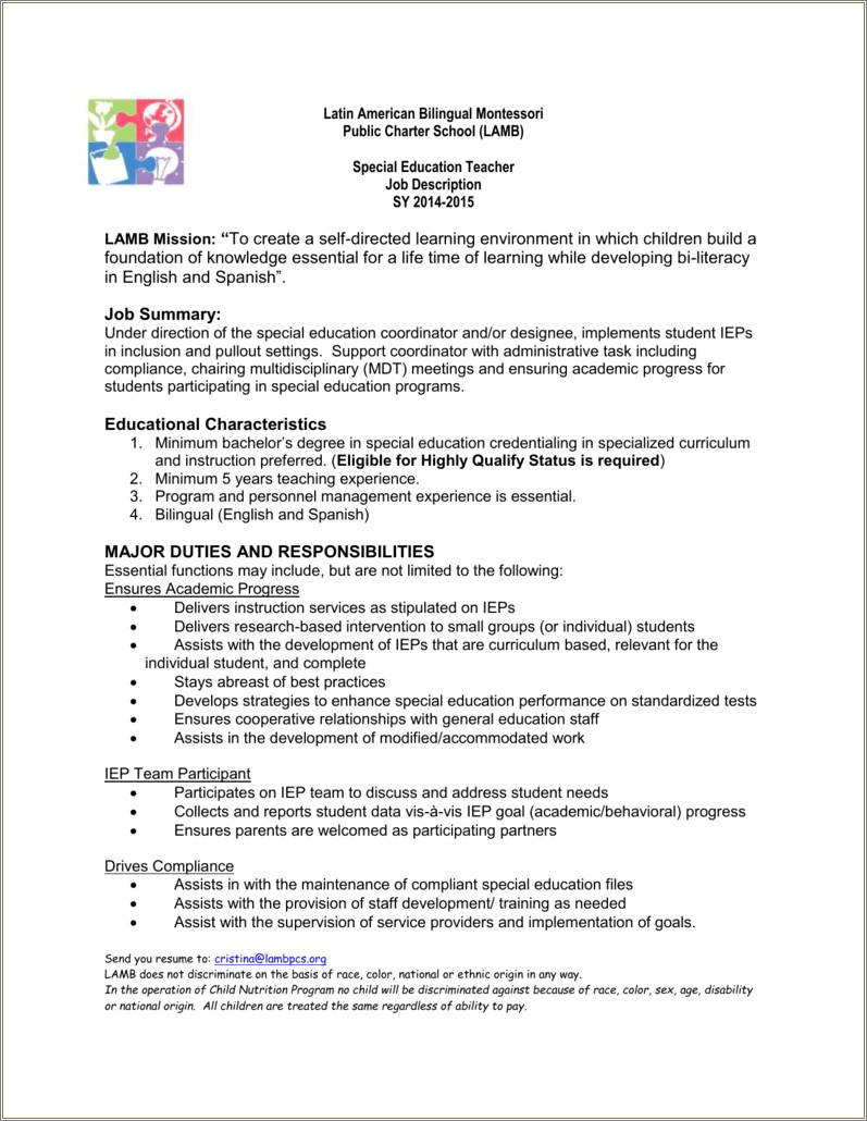 Special Education Teacher Job Description For Resume