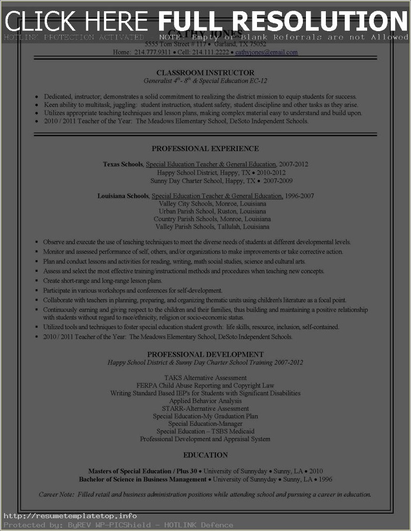 Special Education Teacher Resume Examples 2012