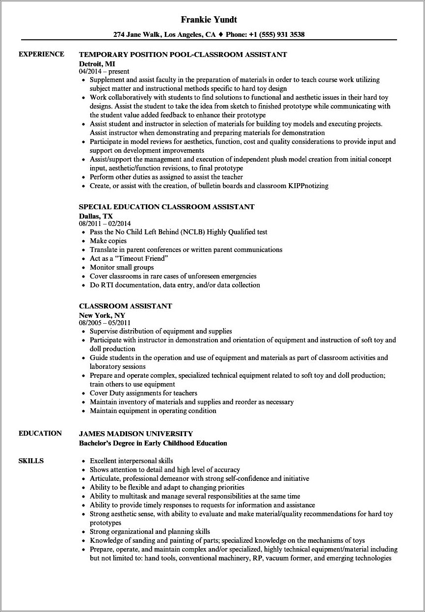 Special Education Teaching Assistant Job Description For Resume