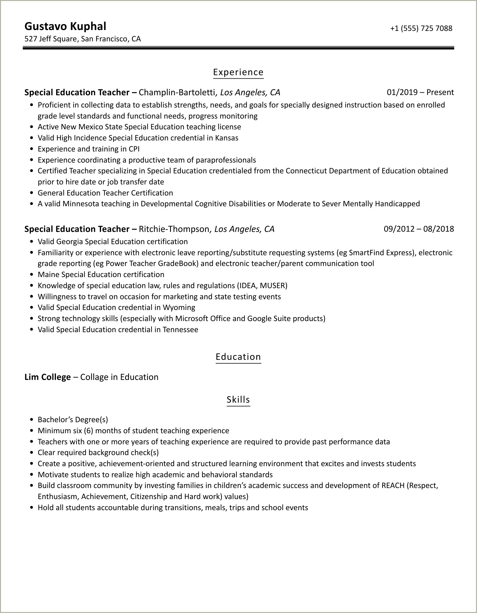 Special Education Teaching Objective For Resume