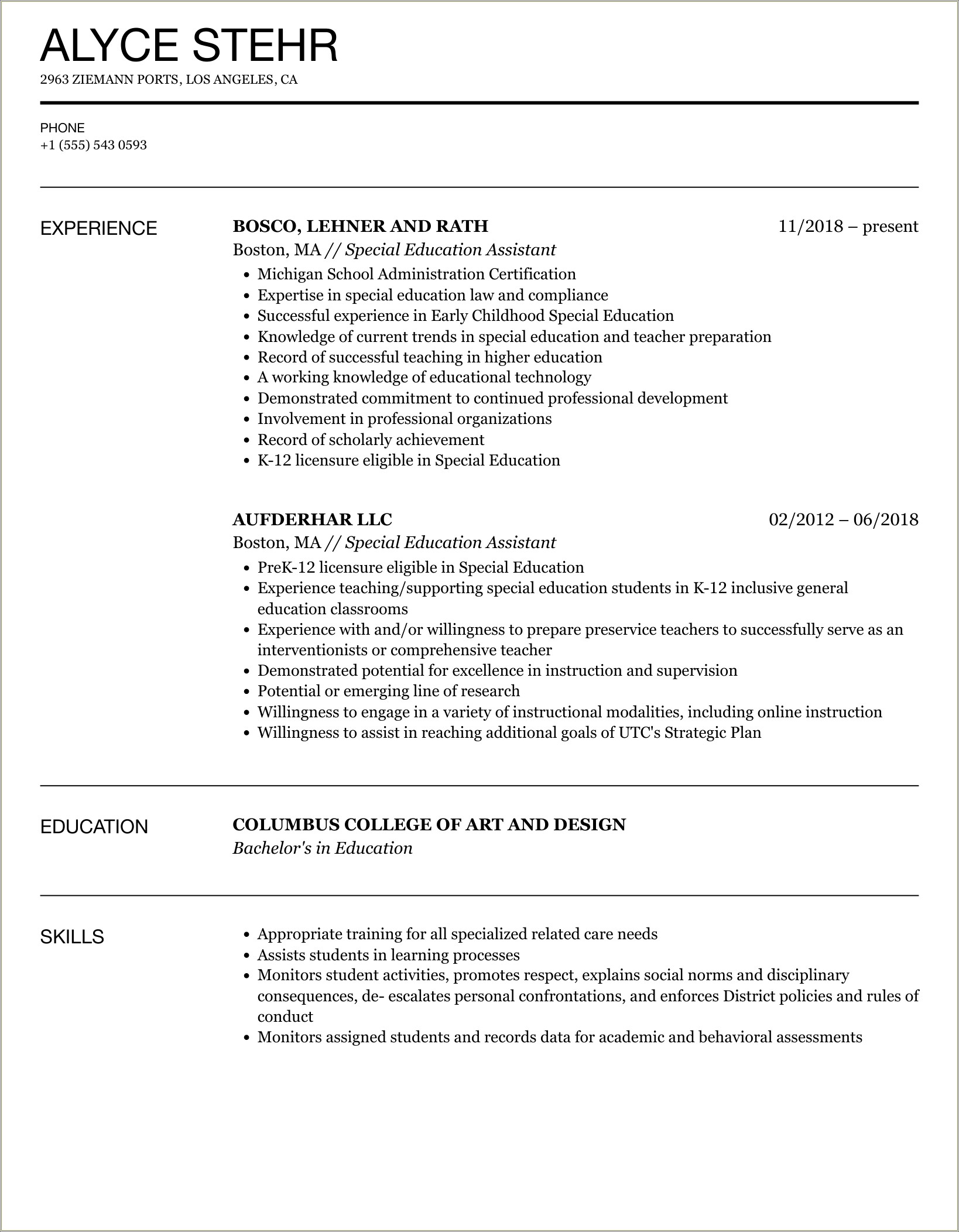 Special Needs Education Assistant Resume Examples