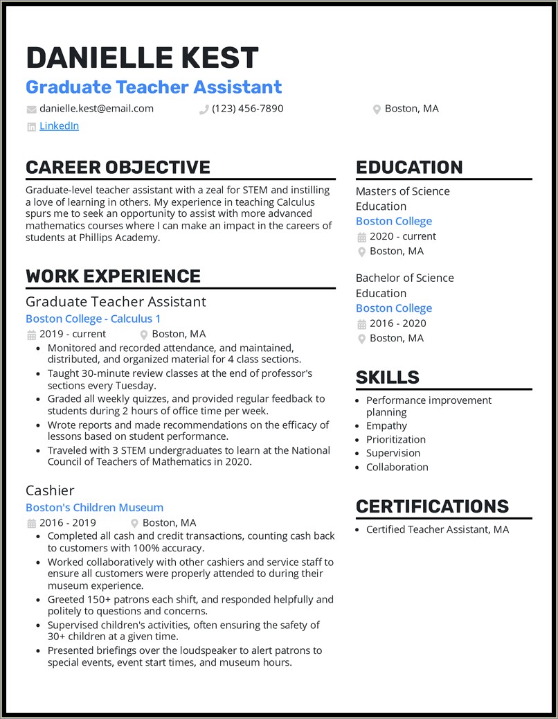 Special Needs Teacher Assistant Resume Objective